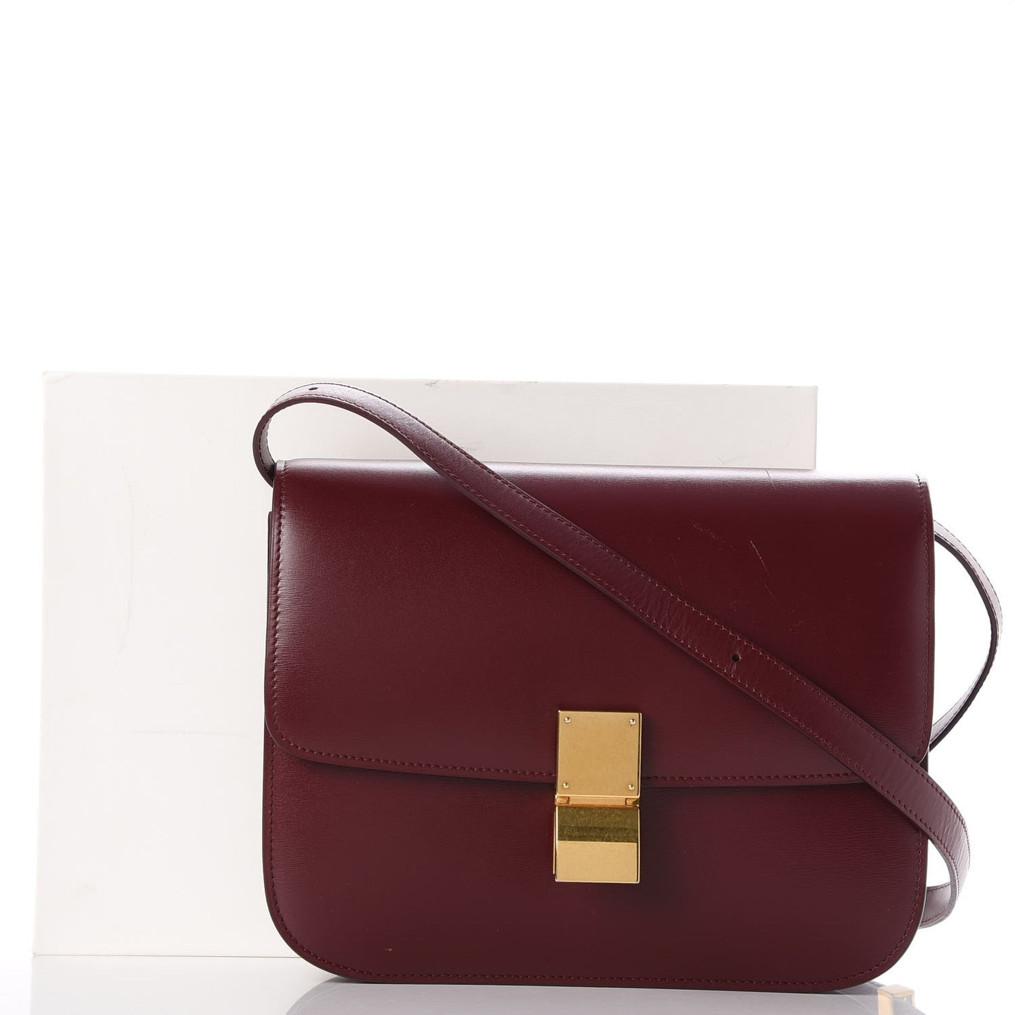 Box Calfskin Medium Classic Box Flap Bag Burgundy