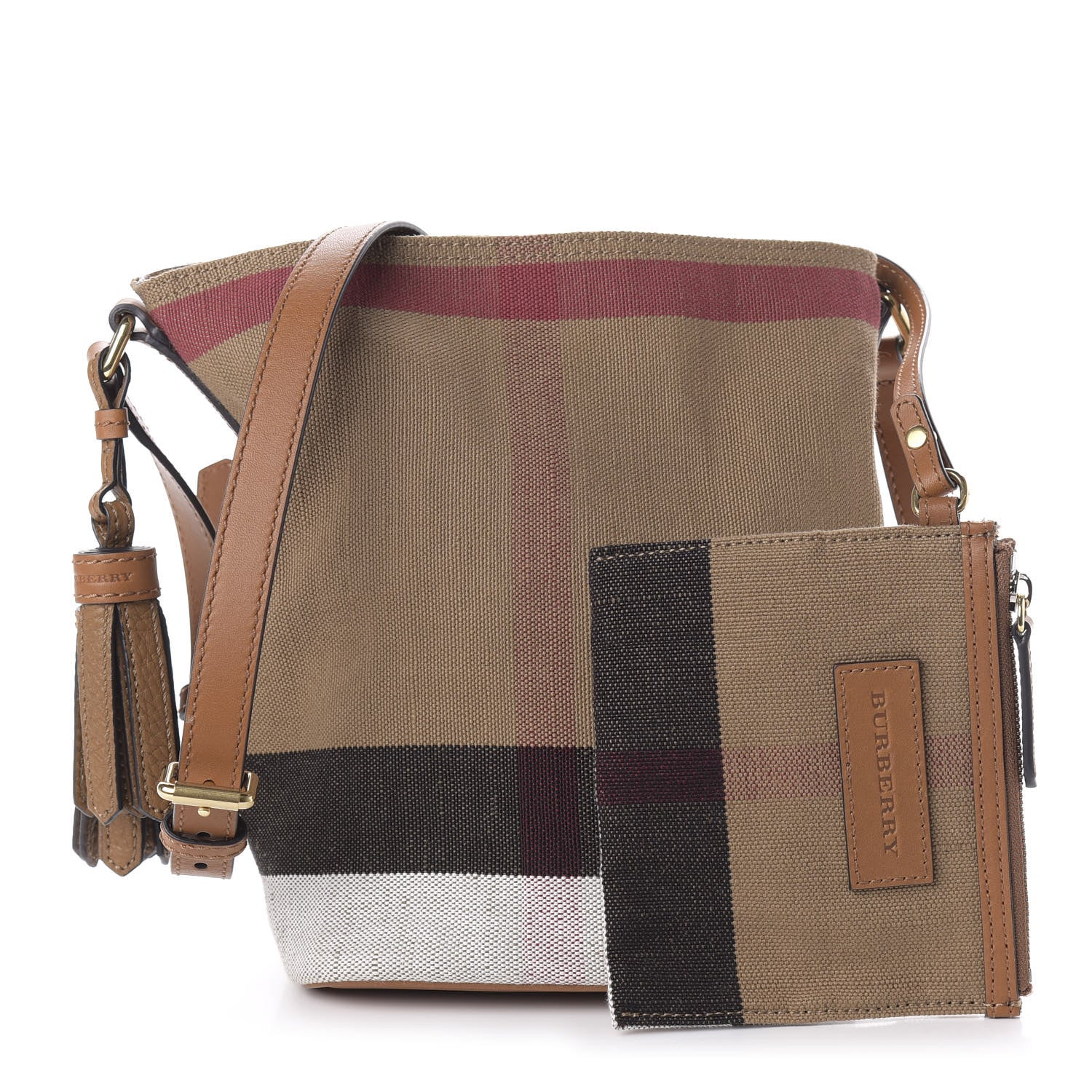 Burberry Canvas Mega Check Mini Ashby Tassel Crossbody Saddle Brown 1 of 8