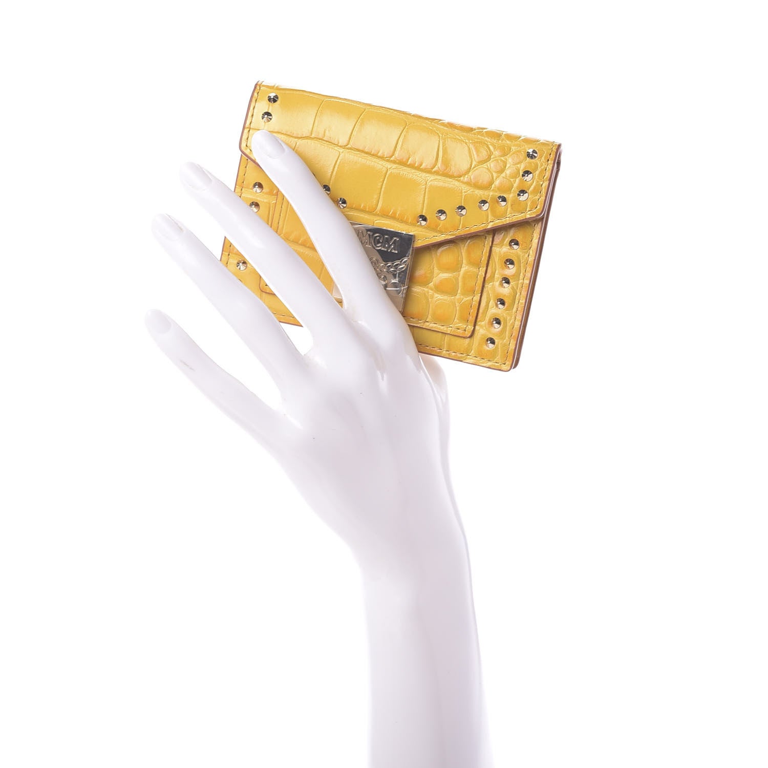 MCM Calfskin Crocodile Embossed Flap Card Holder Golden Mango 2 of 10