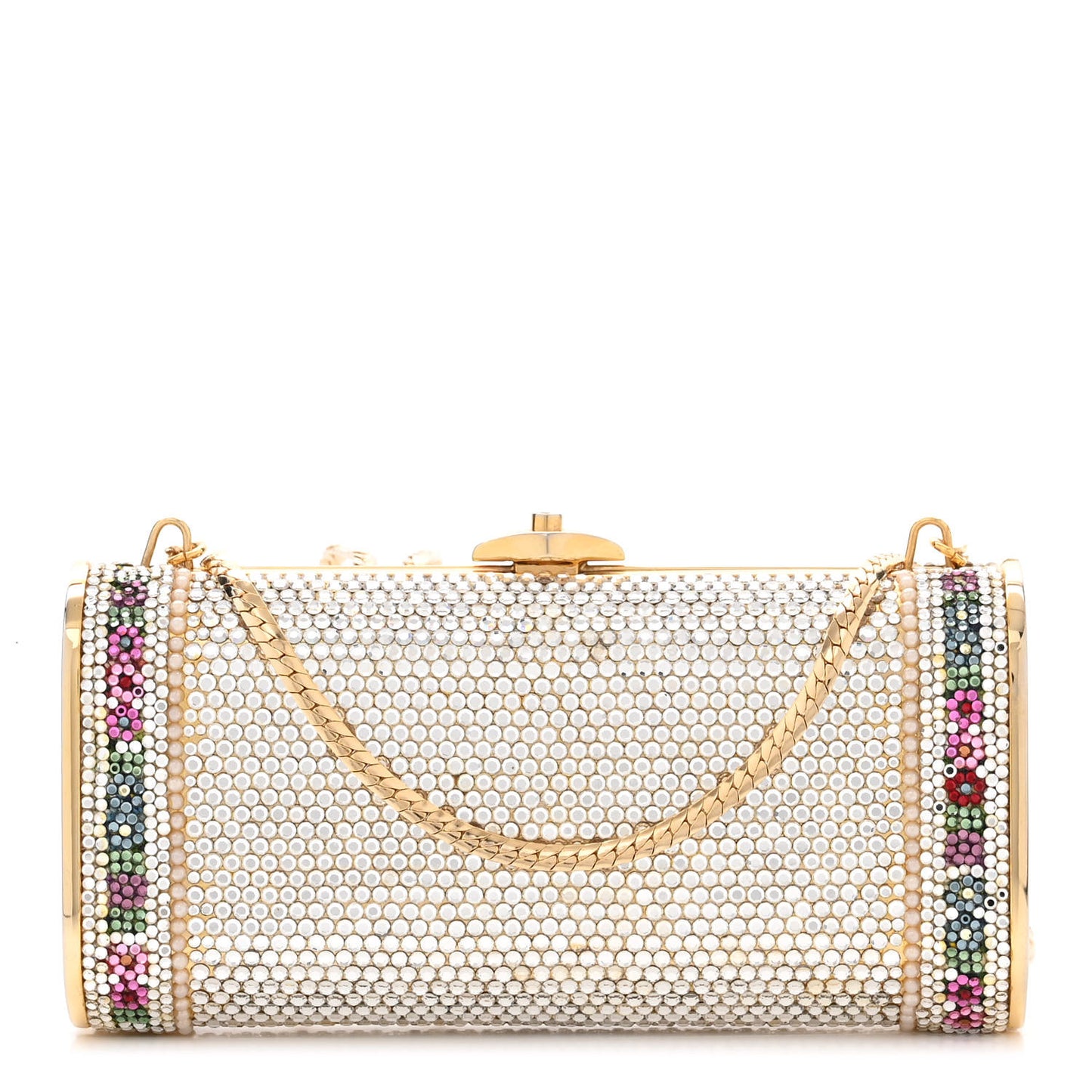 Swarovski Crystal Pearl Floral Minaudiere Clutch Gold Multicolor
