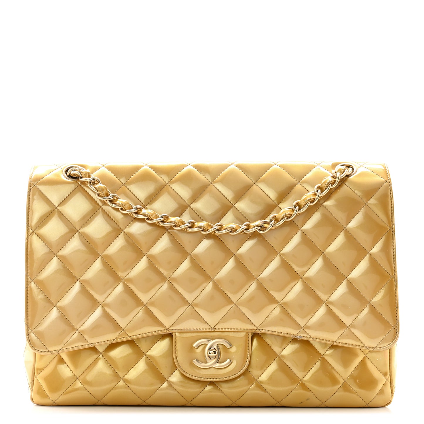 Metallic Patent Quilted Maxi Single Flap Beige