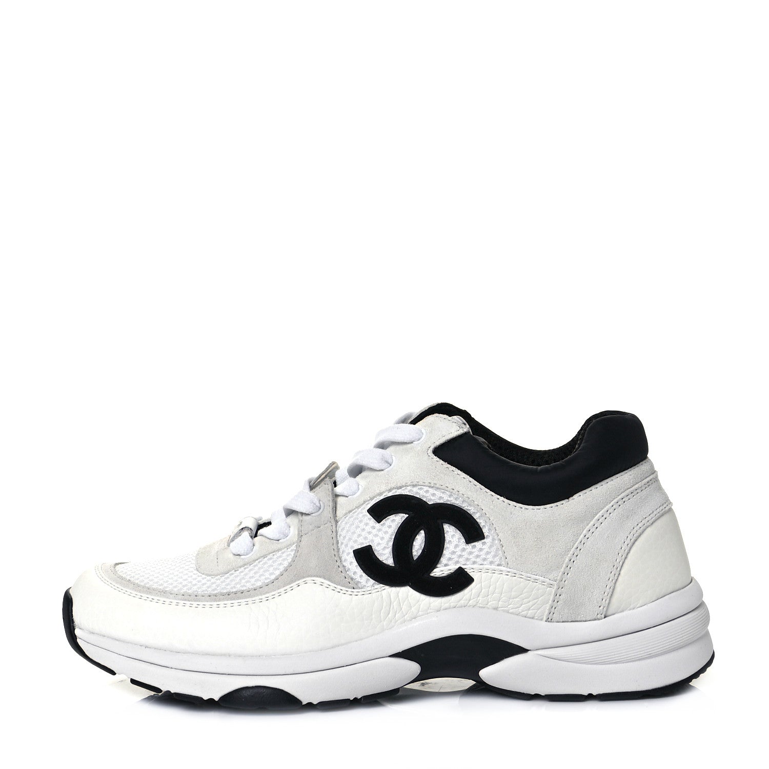 Chanel Mesh Suede Calfskin Grained Calfskin Womens CC Sneakers 39 White Black 1 of 8