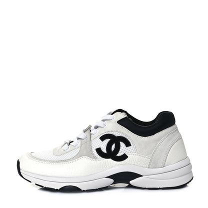 Chanel Mesh Suede Calfskin Grained Calfskin Womens CC Sneakers 39 White Black 1 of 8