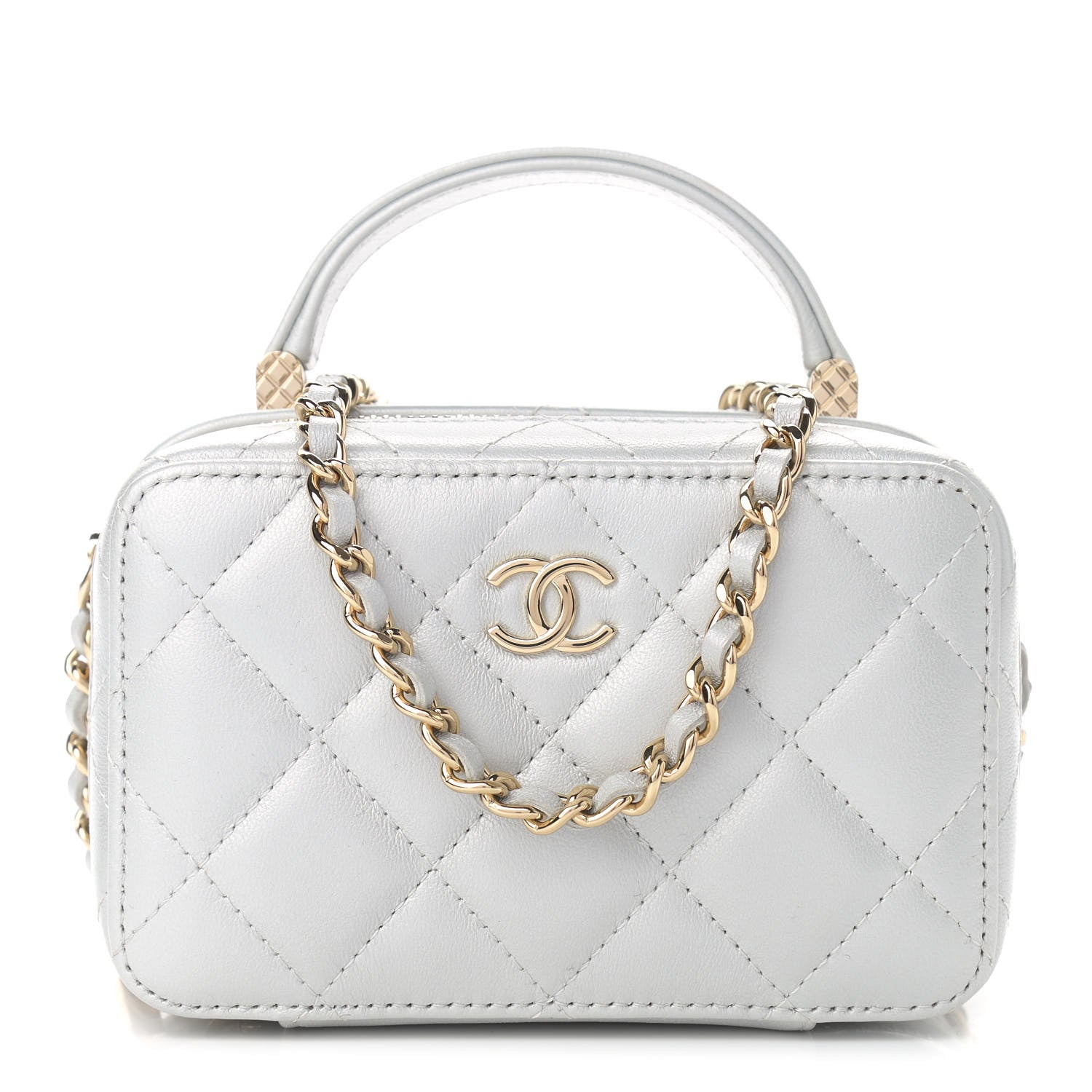 Chanel Metallic Lambskin Quilted Top Handle Vanity Case Silver 1 of 11