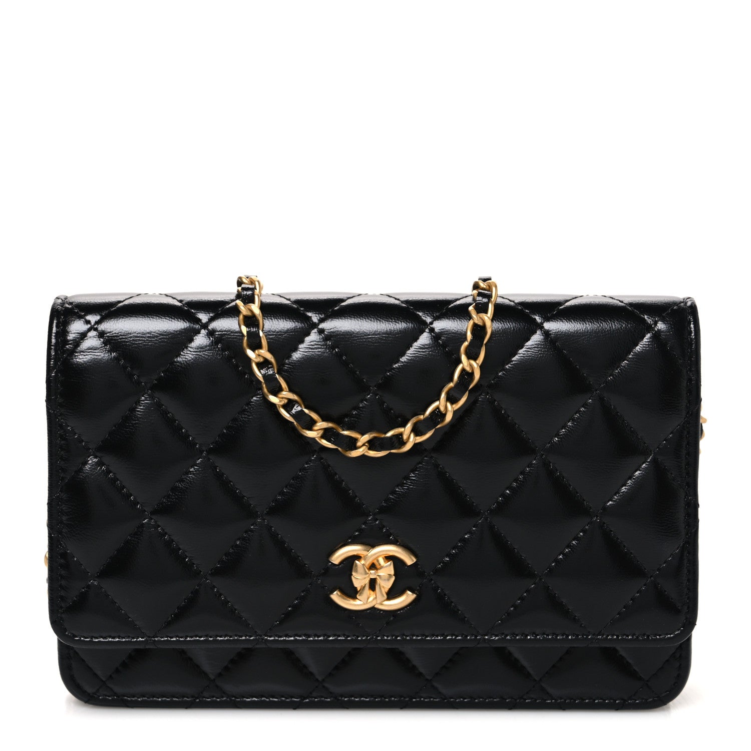 Chanel Shiny Lambskin Quilted CC Bow Wallet on Chain WOC Black 1 of 11