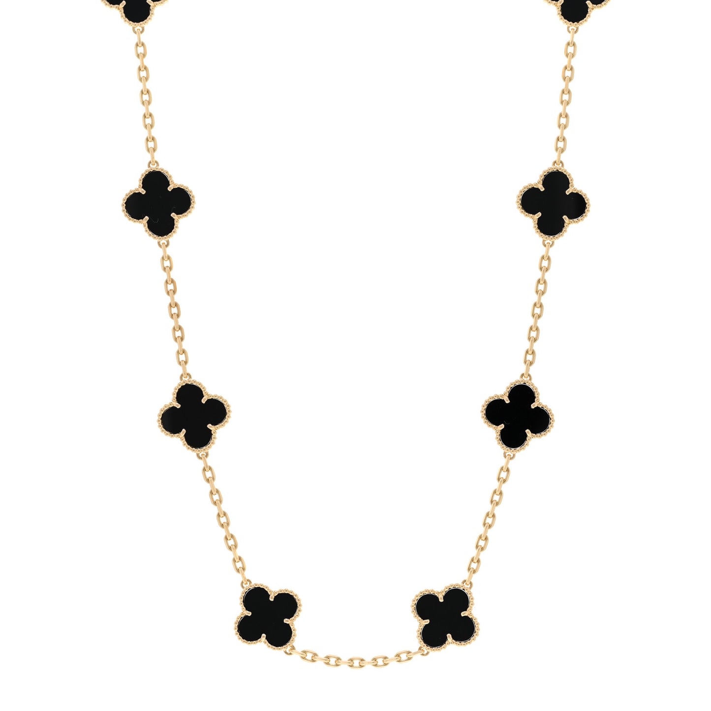 18K Yellow Gold Black Onyx 10 Motifs Vintage Alhambra Necklace