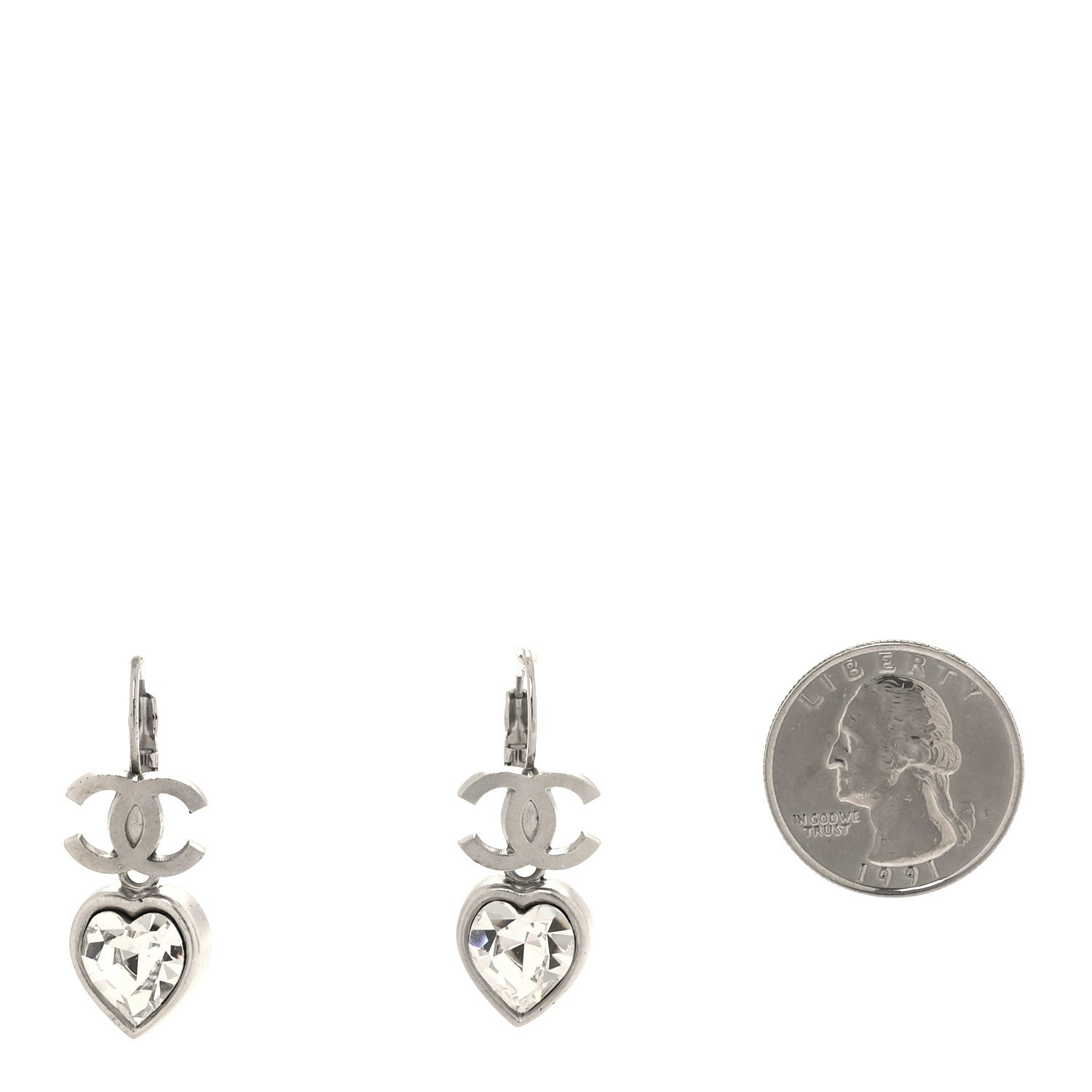 Chanel Crystal Heart CC Drop Earrings Silver 2 of 4