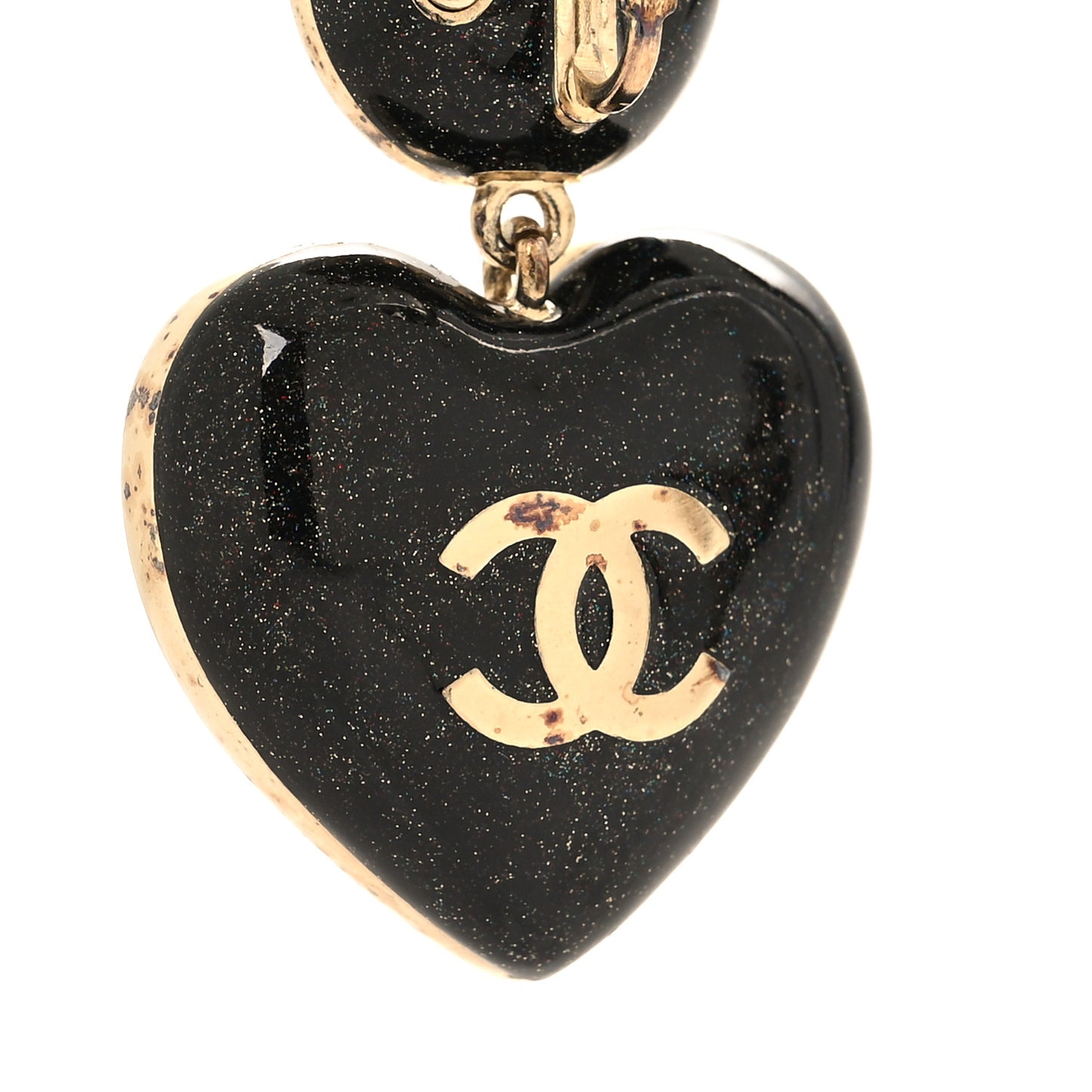 Crystal Heart CC Drop Clip On Earrings Gold