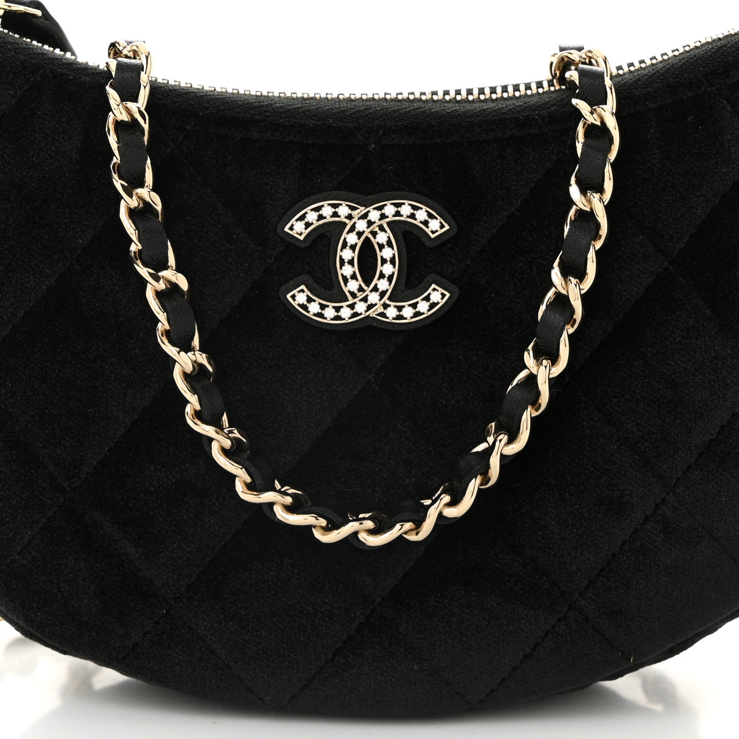 Velvet Crystal Quilted Chain Hobo Black