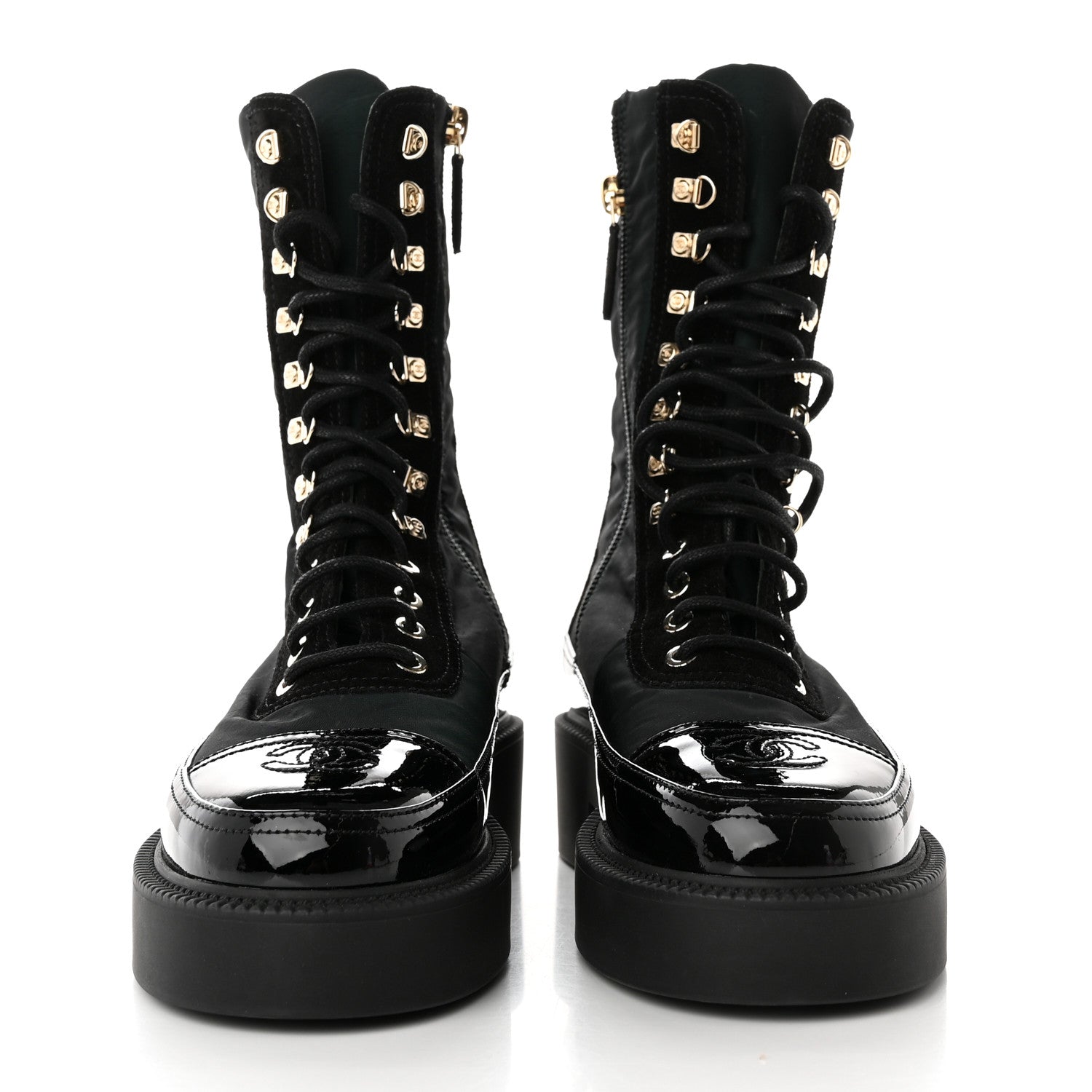 Chanel Nylon Suede Patent Calfskin Womens CC Lace Up Boots 36.5 Dark Green Black 2 of 11