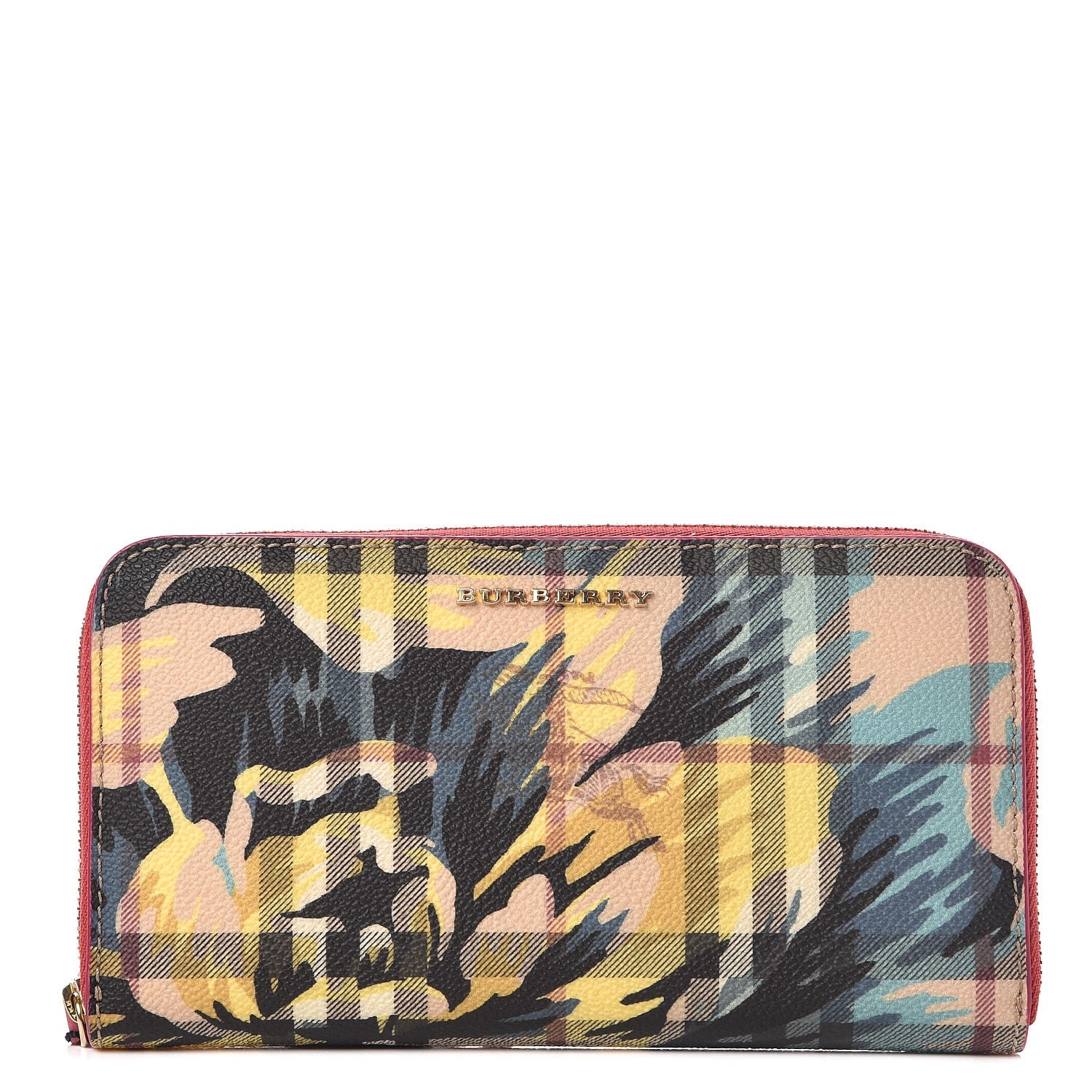 Burberry Haymarket Check Floral Print Zip Around Wallet Plum Pink Pewter Blue 1 of 7