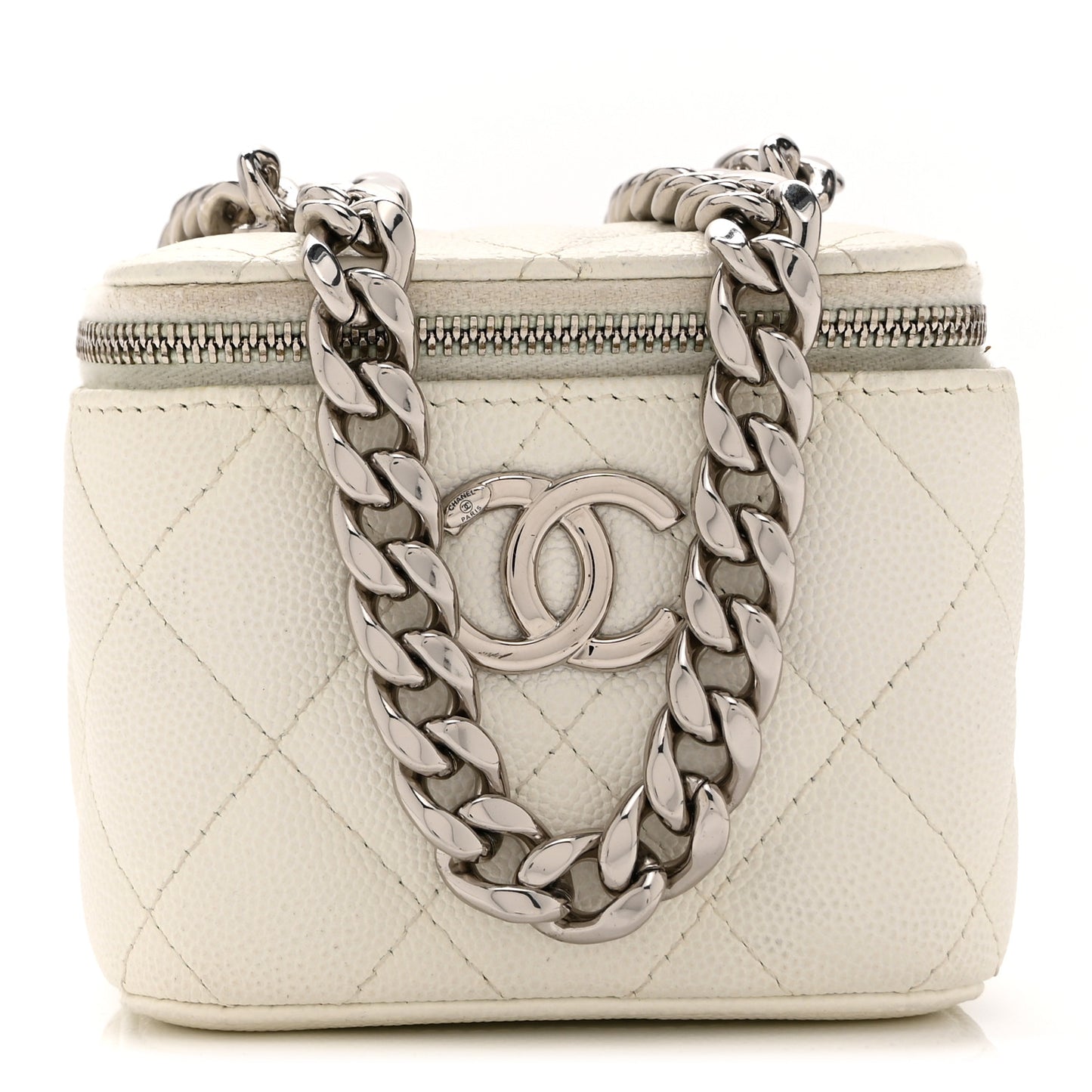 Caviar Quilted Enamel Coco Mini Vanity Case With Chain White