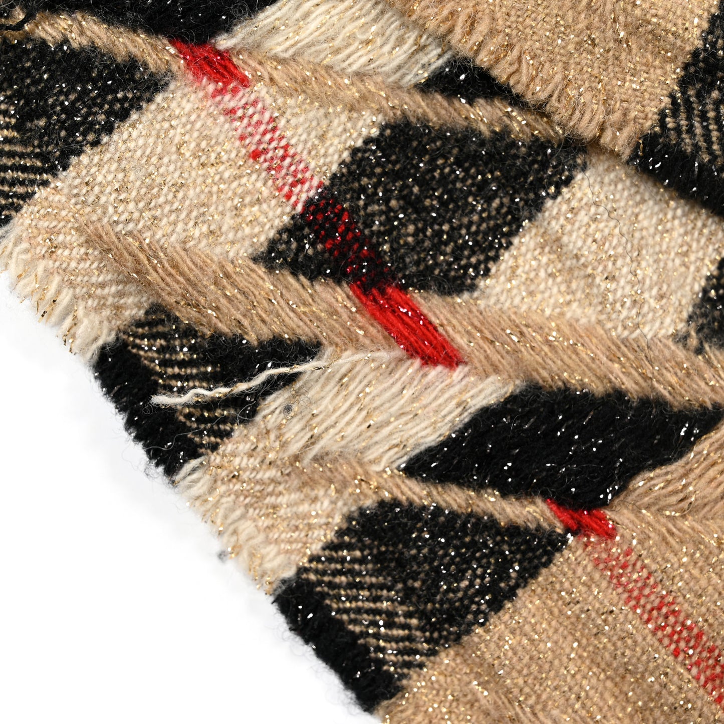 Metallic Cashmere Giant Check Fringe Scarf Camel