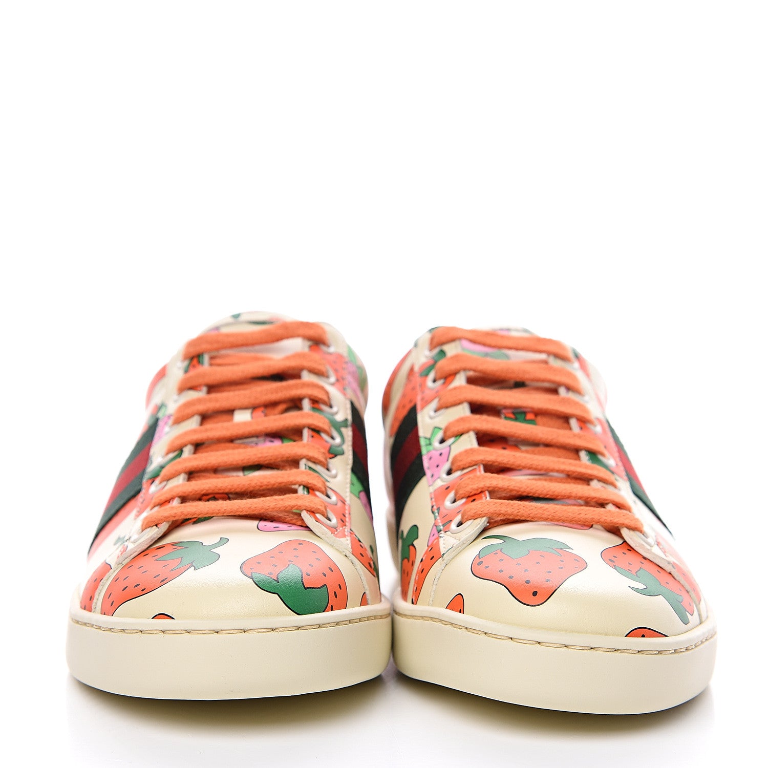 Gucci Calfskin Web Strawberry Print Womens Ace Sneakers 37.5 Ivory Red Green 2 of 11