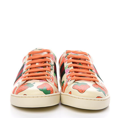 Gucci Calfskin Web Strawberry Print Womens Ace Sneakers 37.5 Ivory Red Green 2 of 11
