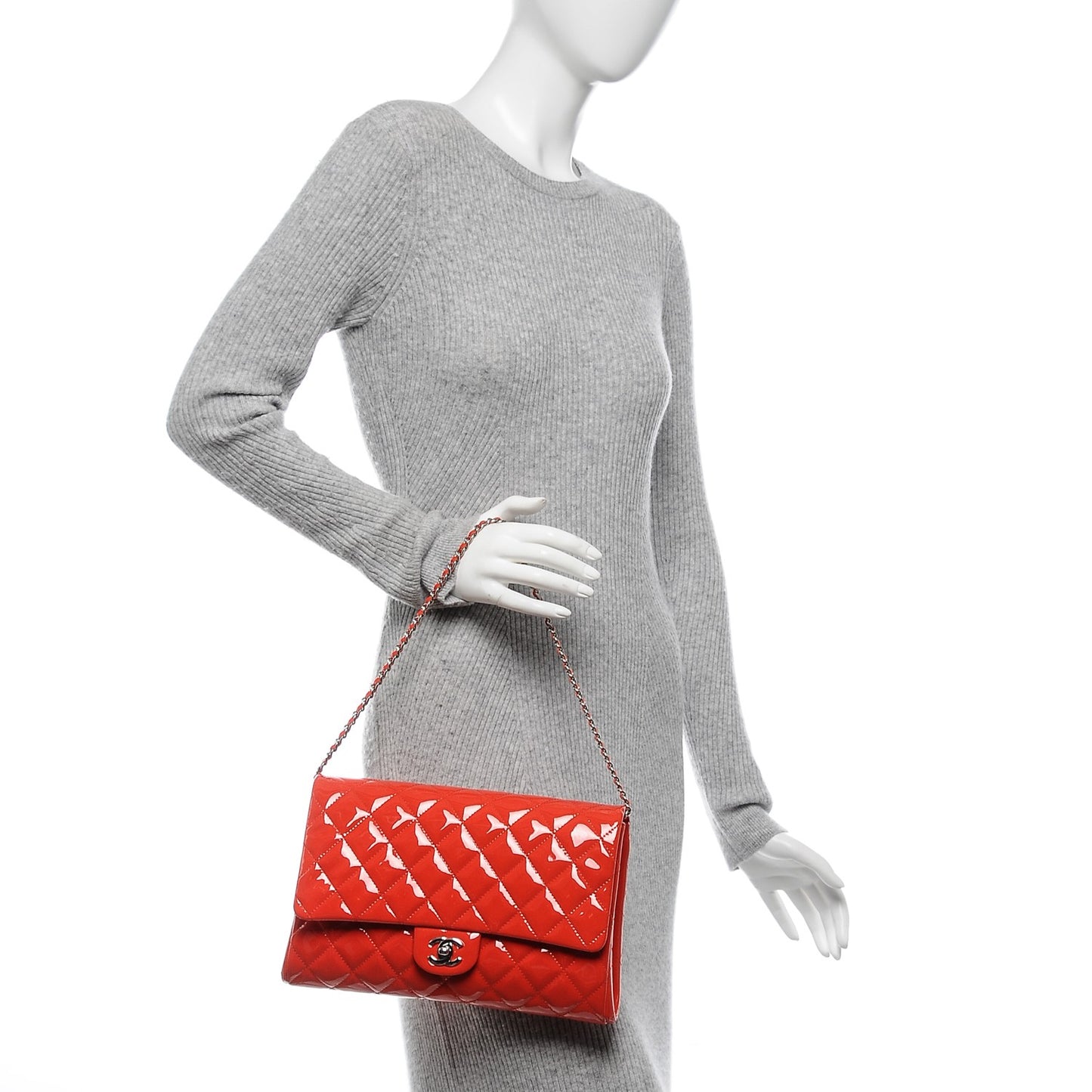 Patent Quilted Clutch With Chain Flap Red
