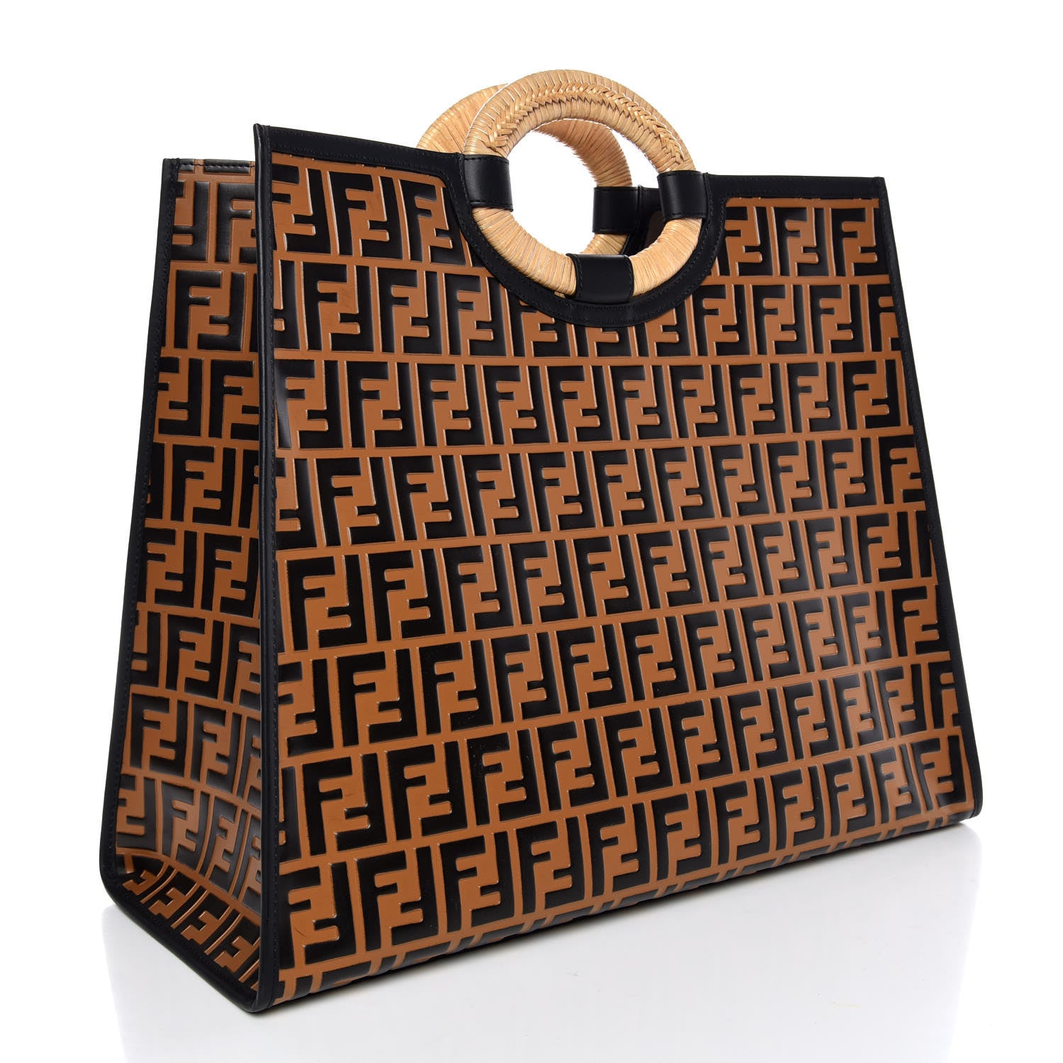 Fendi Vitello Century Wicker FF Embossed Large Runaway Shopper Tote Tobacco Black 3 of 7