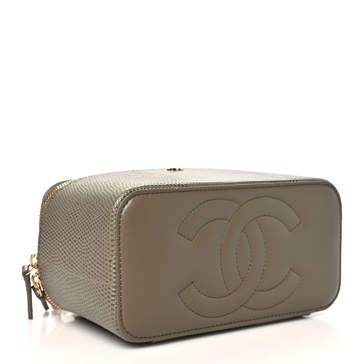 Calfskin Lizard Embossed Top Handle Vanity With Chain  Dark Khaki