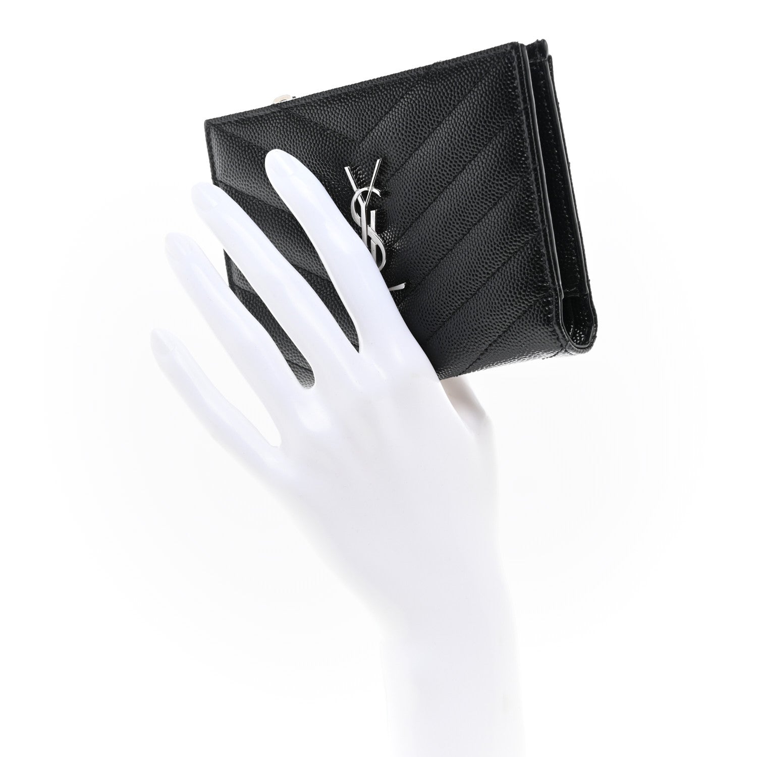 Saint Laurent Grain De Poudre Matelasse Chevron Monogram Zipped Card Case Black 2 of 7