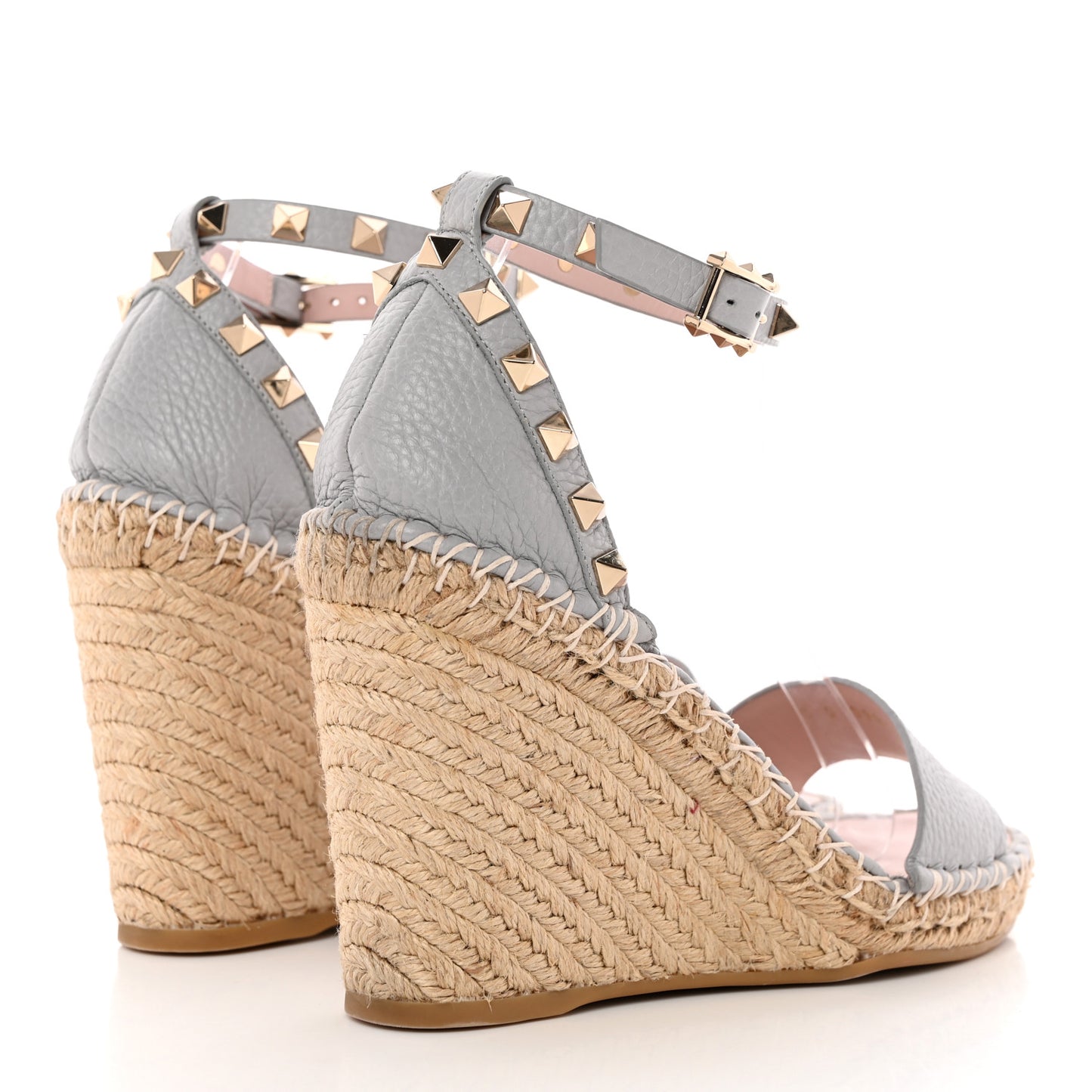 Grained Calfskin Rockstud Ankle Strap Espadrille 15/105mm Wedge Sandals 37 Pastel Grey Natural
