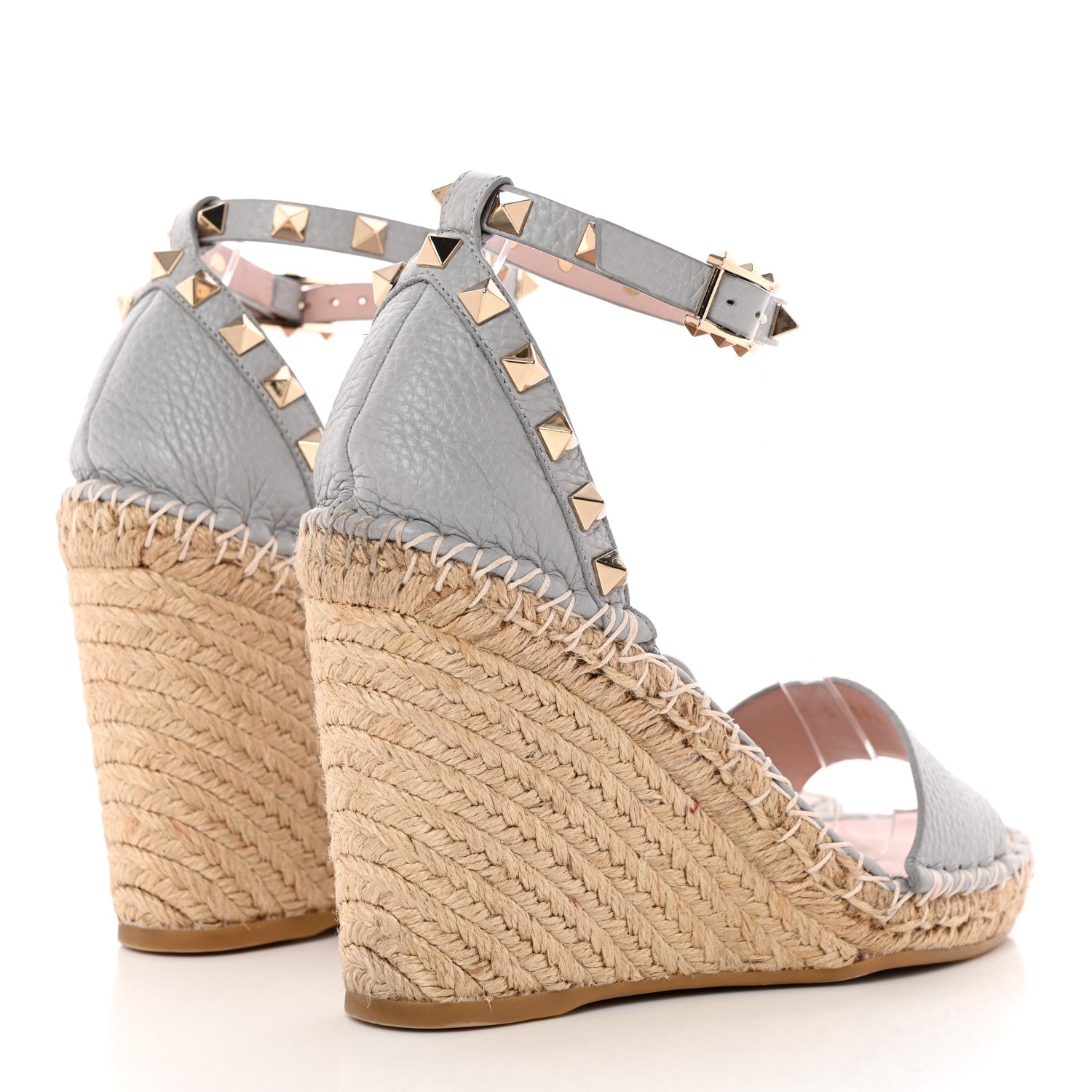 Valentino Garavani Grained Calfskin Rockstud Ankle Strap Espadrille 15/105mm Wedge Sandals 37 Pastel Grey Natural 4 of 15