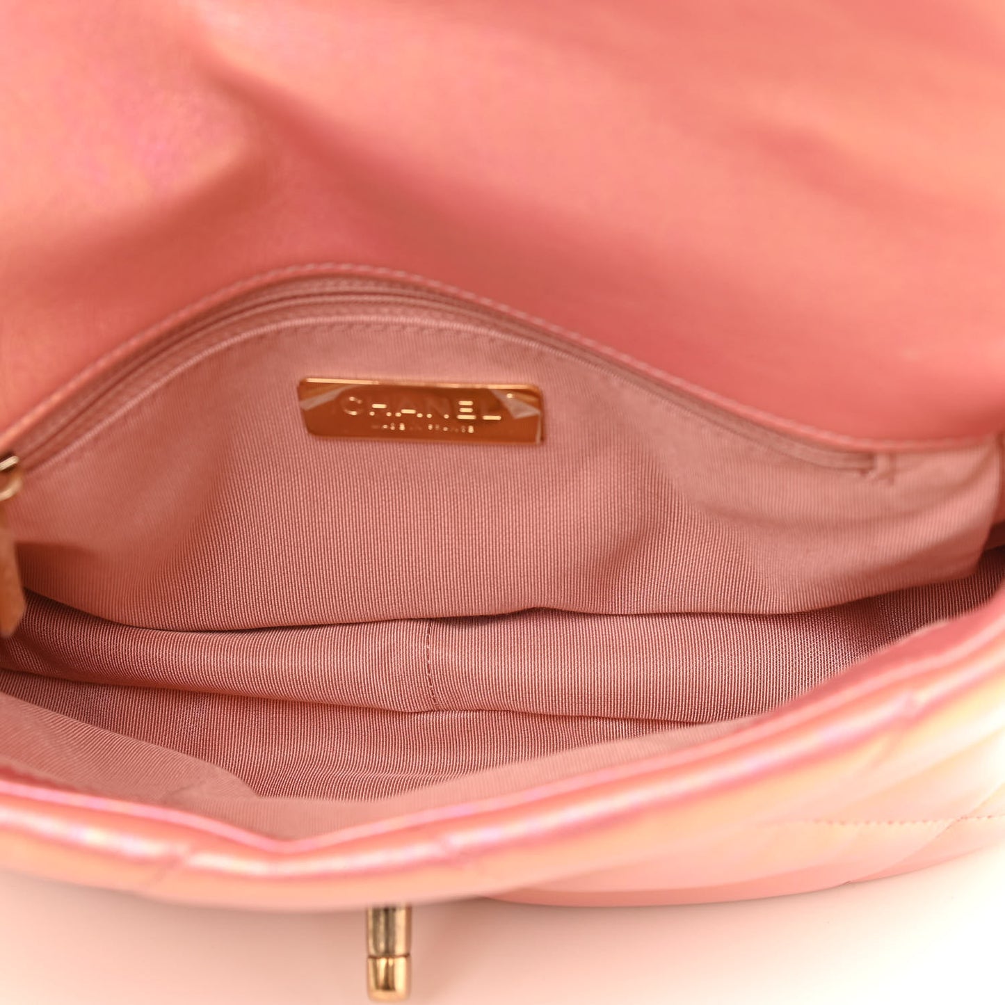 Iridescent Calfskin Quilted Medium Chanel 19 Flap Pink