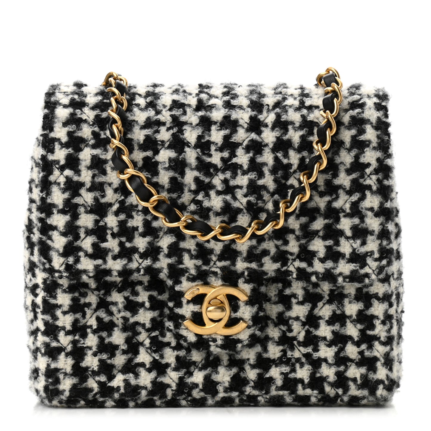 Tweed Houndstooth Quilted Mini Square Flap White Black