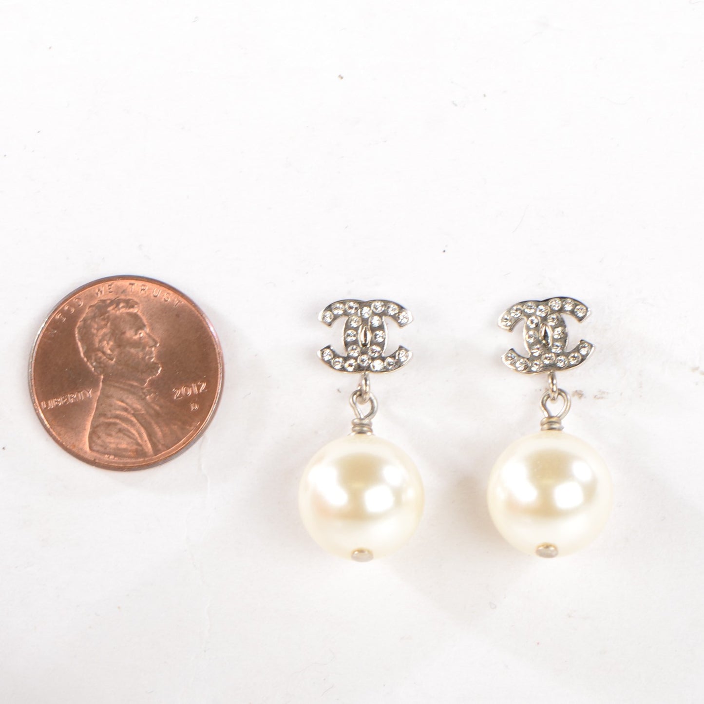 Crystal Pearl CC Drop Earrings Silver