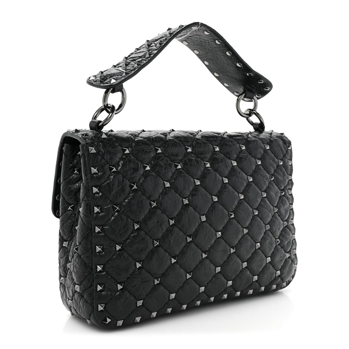 Craquele Nappa Medium Rockstud Spike Shoulder Bag Black