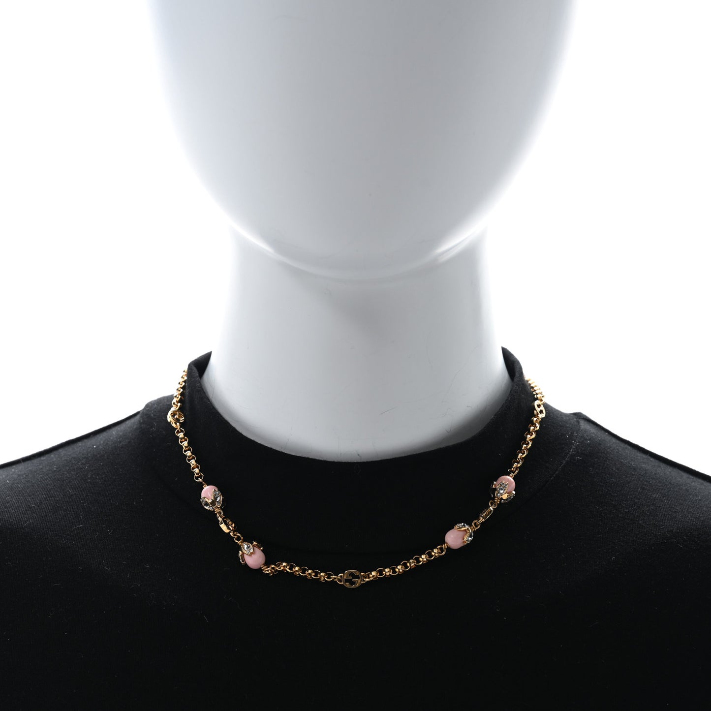 Pearl Crystal Embellished Interlocking G Necklace Pink Aged Gold