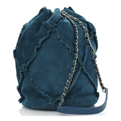 Chanel Suede Quilted Fringe CC Chain Bucket Drawstring Bag Blue 3 of 11
