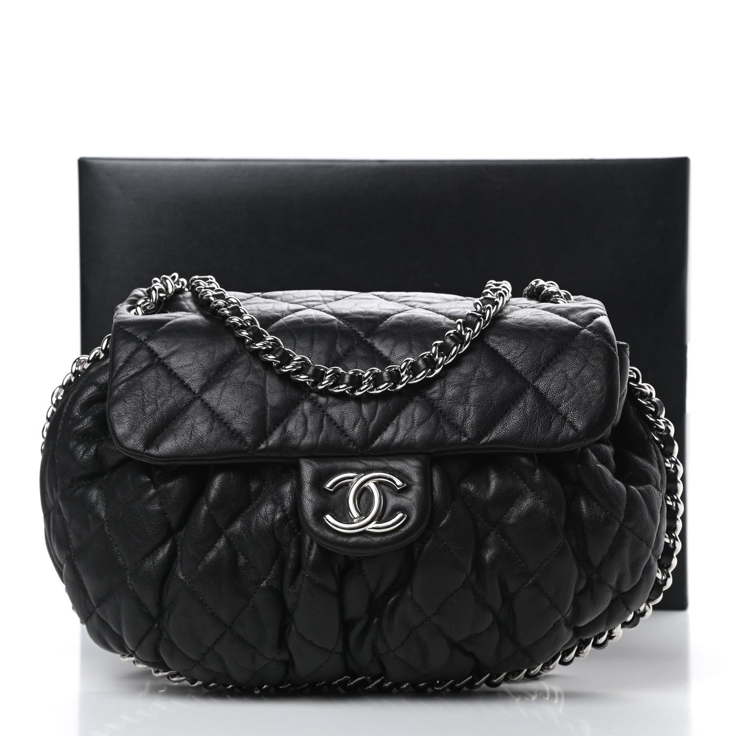 Washed Lambskin Quilted Medium Chain Around Messenger Black