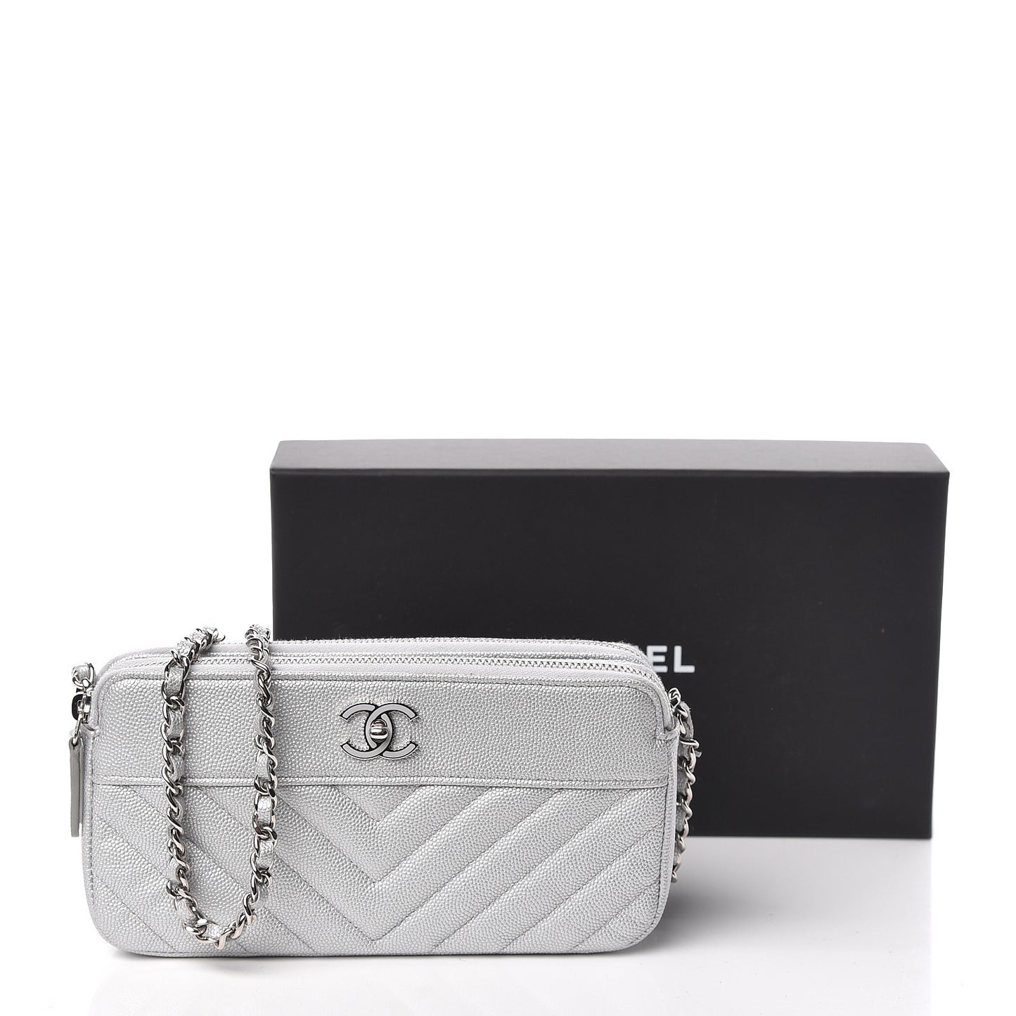 Metallic Caviar Chevron Quilted Small Vintage Mademoiselle Clutch With Chain Silver