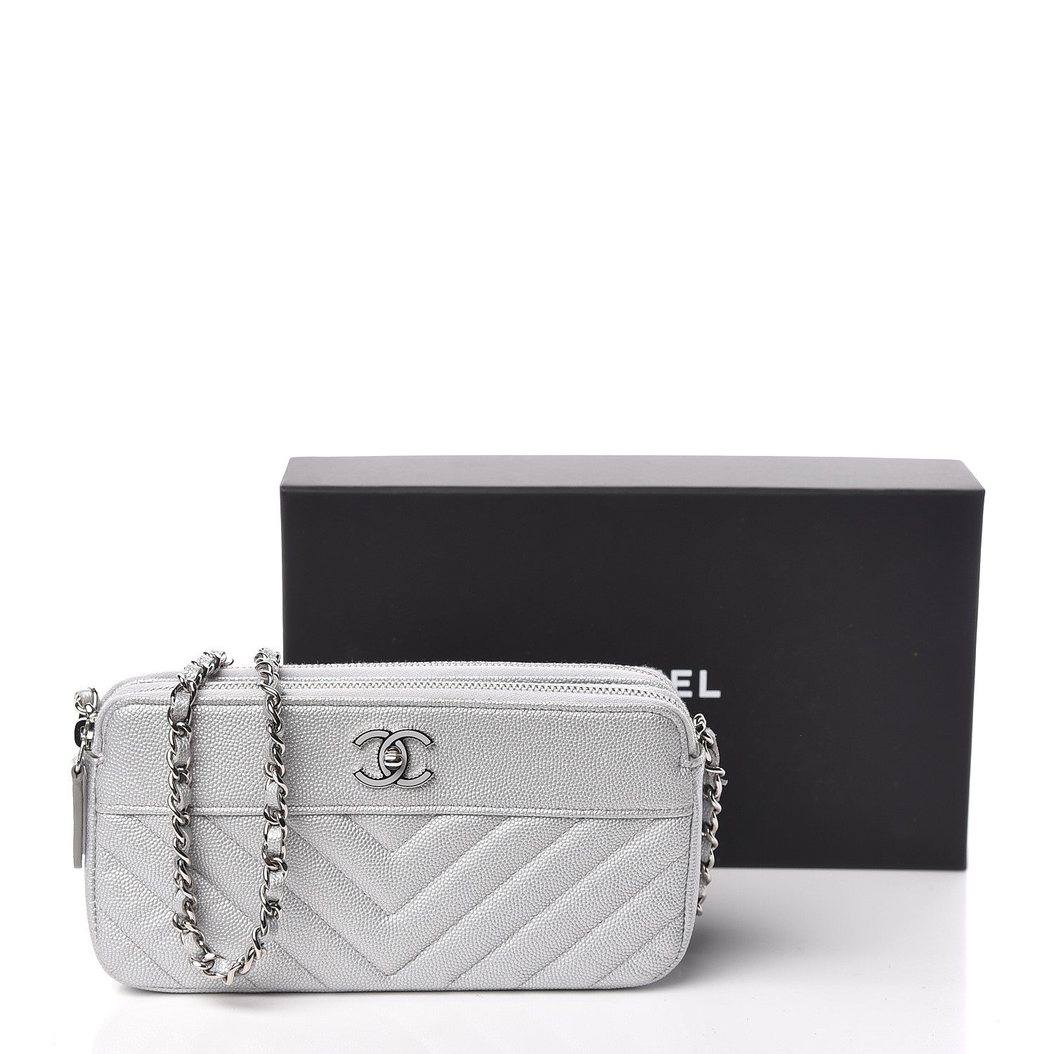 Chanel Metallic Caviar Chevron Quilted Small Vintage Mademoiselle Clutch With Chain Silver 14 of 14