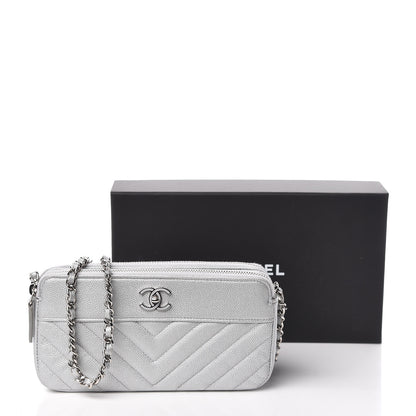 Chanel Metallic Caviar Chevron Quilted Small Vintage Mademoiselle Clutch With Chain Silver 14 of 14