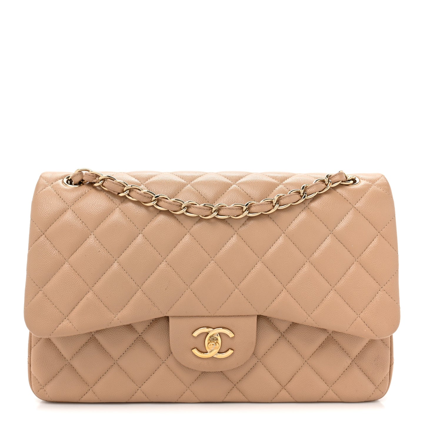Caviar Quilted Jumbo Double Flap Beige