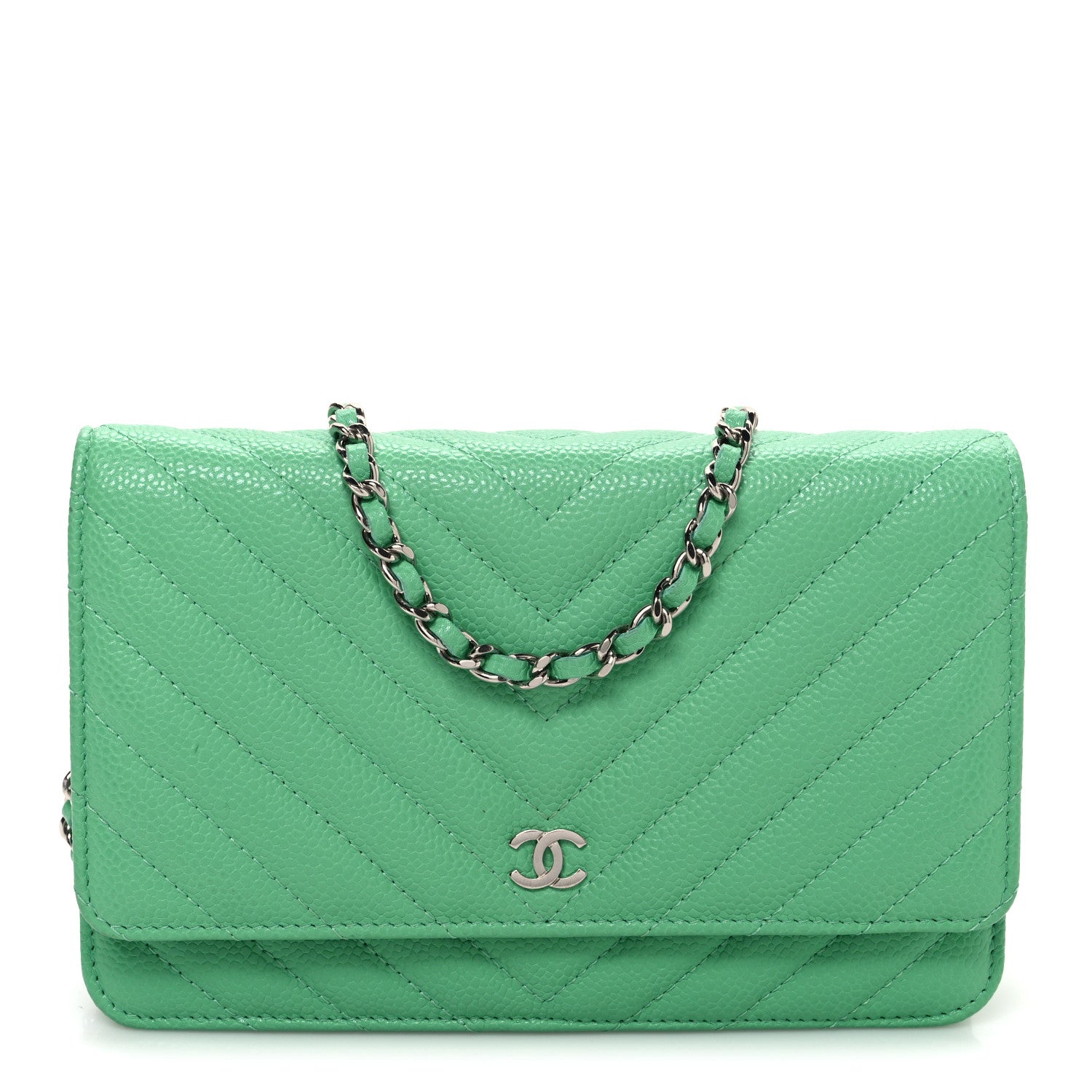 Chanel Caviar Chevron Quilted Wallet On Chain WOC Green 1 of 12