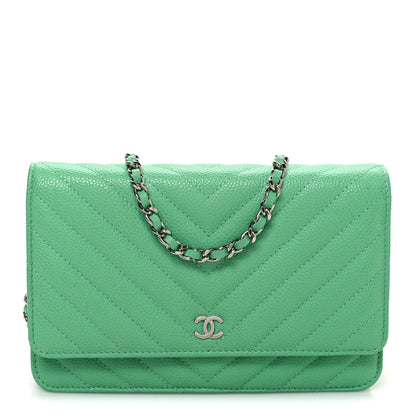 Chanel Caviar Chevron Quilted Wallet On Chain WOC Green 1 of 12
