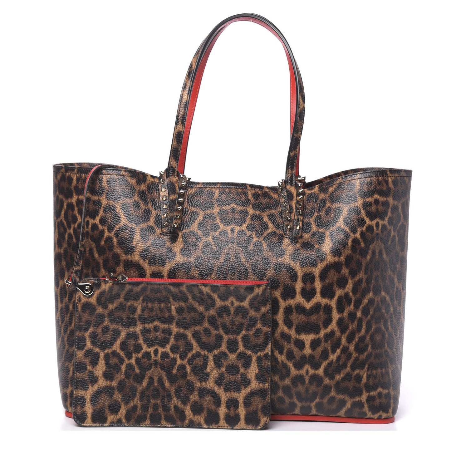 Calfskin Leopard Print Spikes East West Cabata Tote Brown