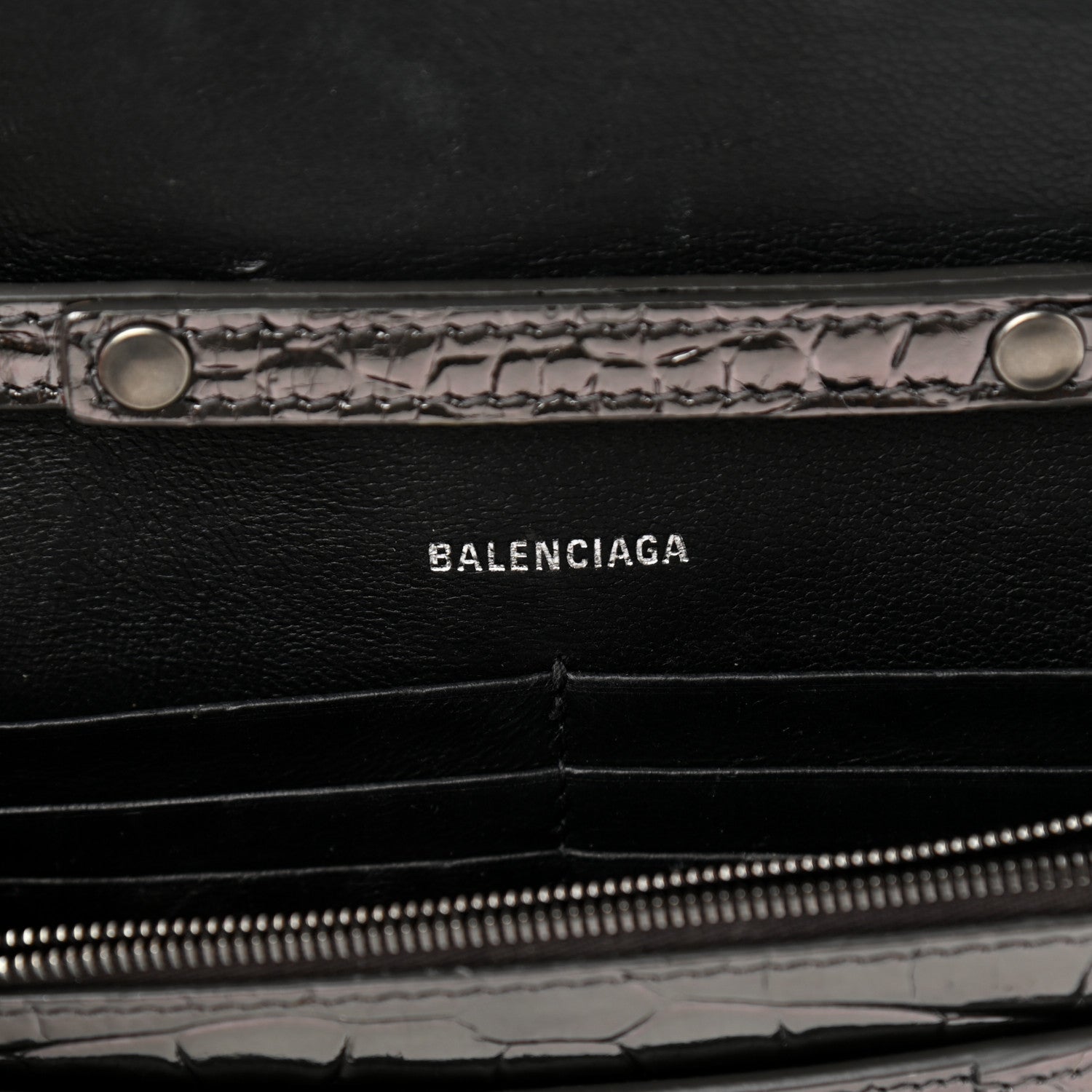 Balenciaga Shiny Calfskin Crocodile Embossed Hourglass Chain Bag Gunmetal 5 of 10