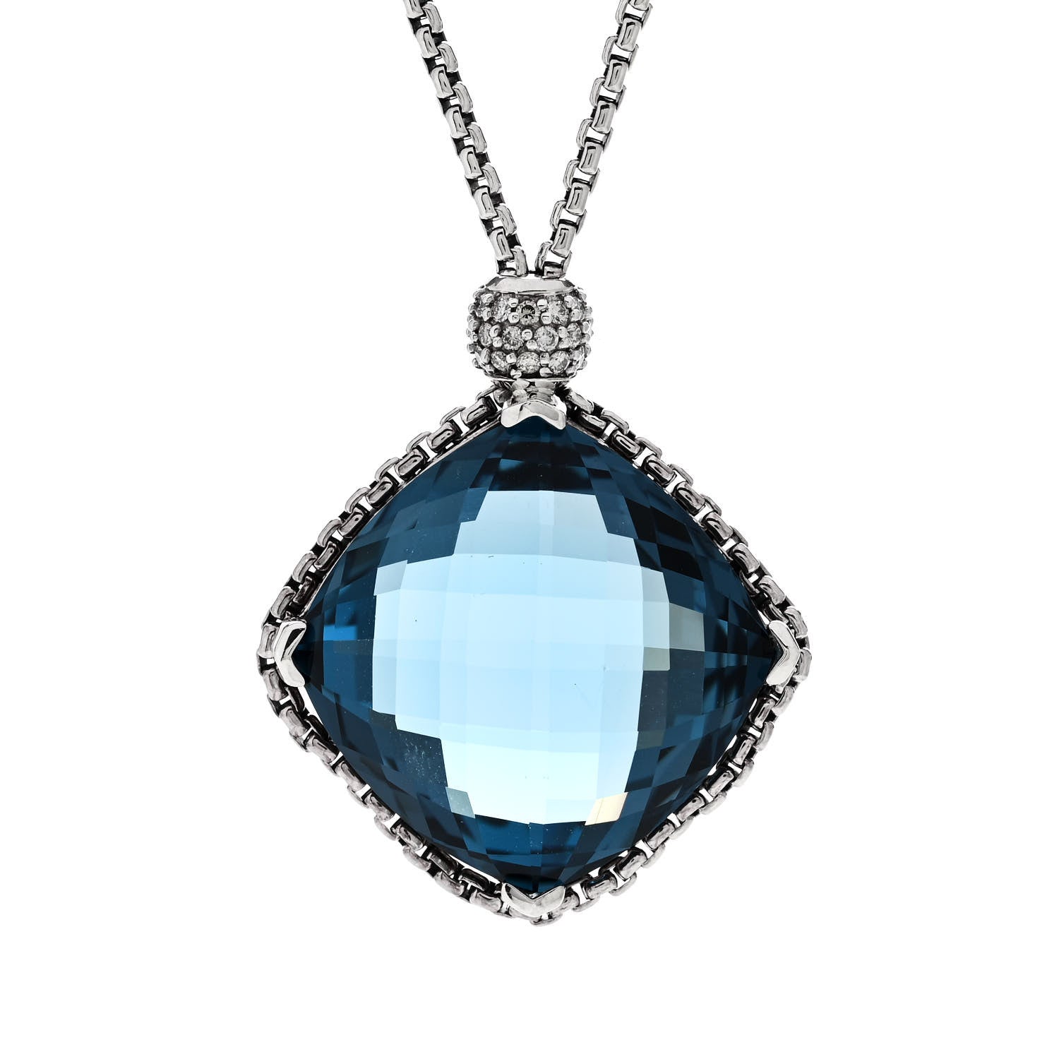 David Yurman Sterling Silver Diamond Blue Topaz 20mm Cushion on Point Drop Pendant Necklace 4 of 8