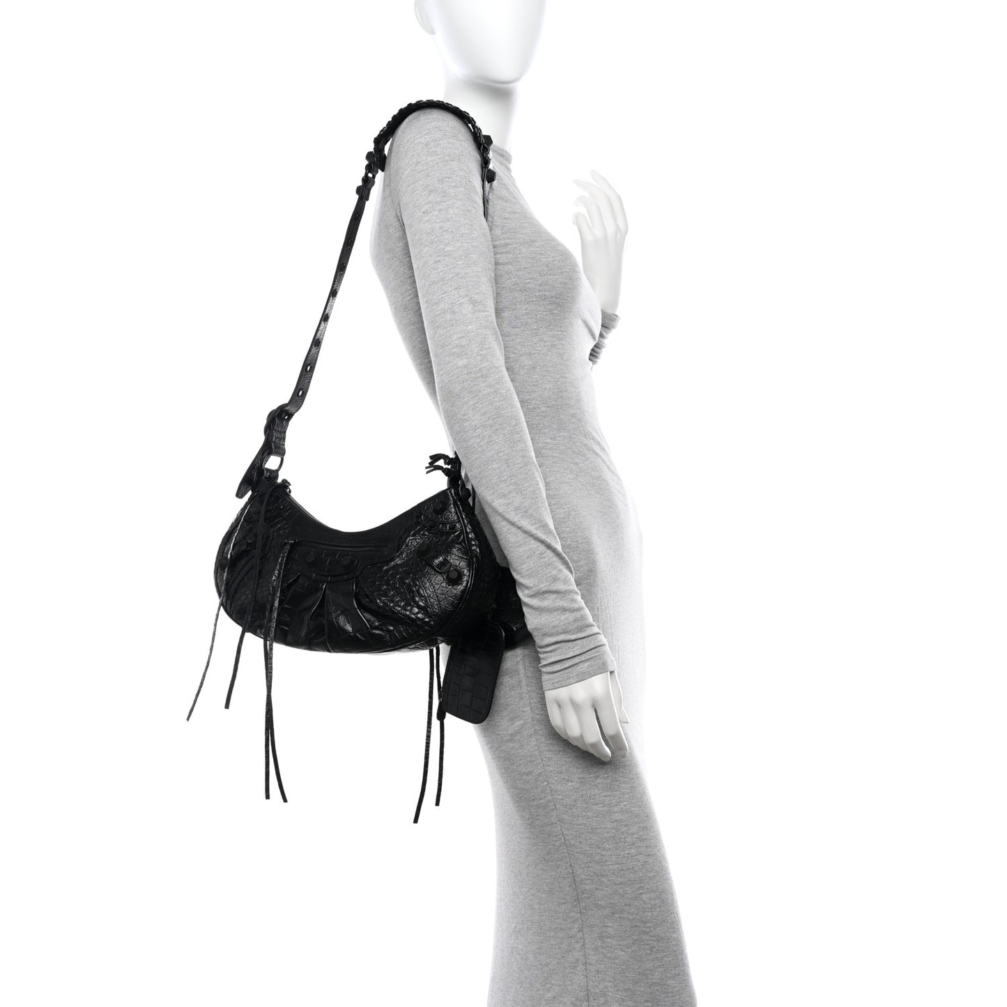 Extra Supple Calfskin Crocodile Embossed Monochrome Small Le Cagole Shoulder Bag Black