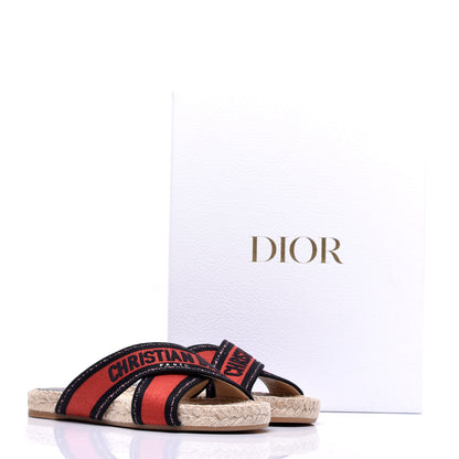 Christian Dior Canvas Embroidered Granville Espadrille Crisscross Flat Slide Sandals 37 Spicy Red 9 of 9