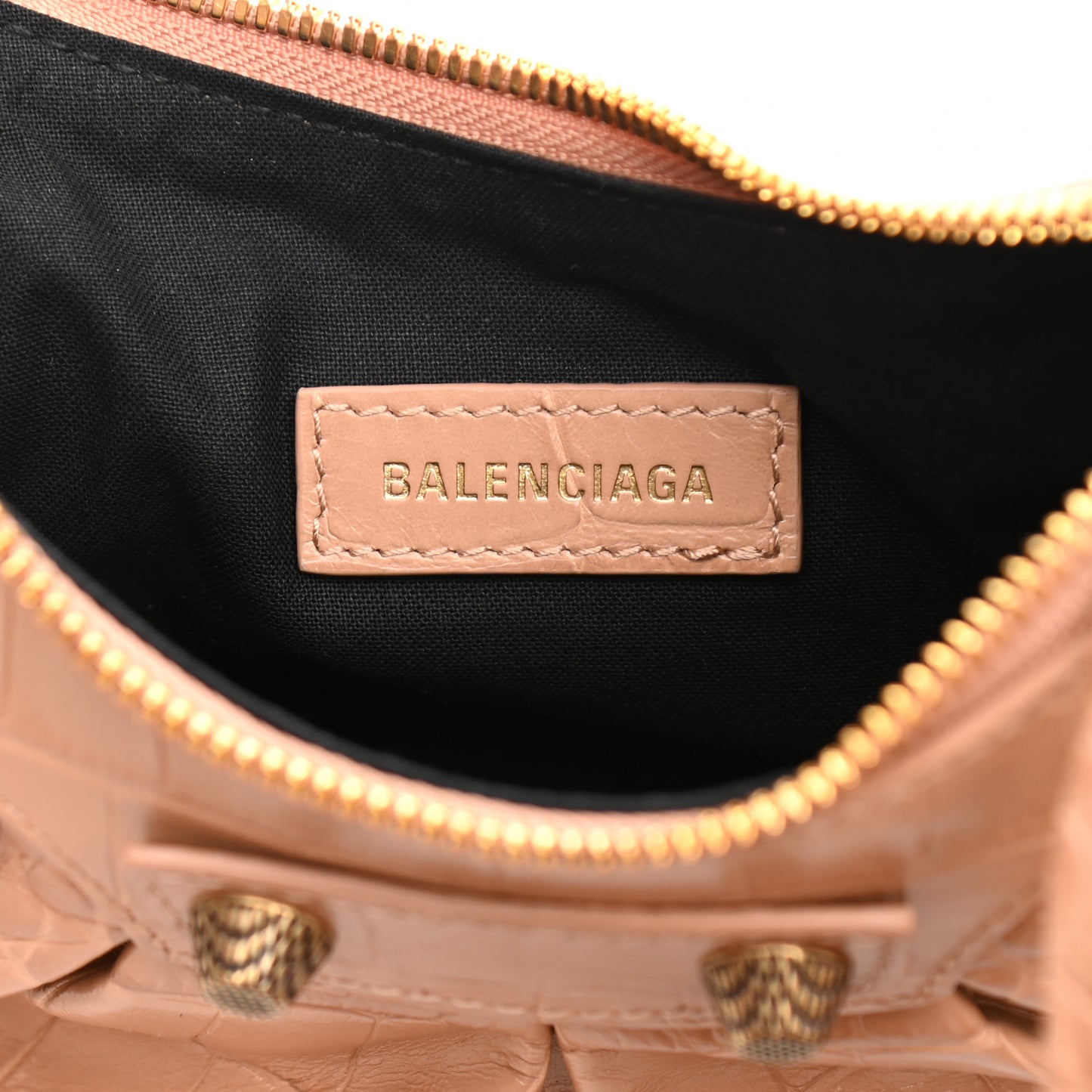 Extra Supple Calfskin Crocodile Embossed Le Cagole Shoulder Bag XS Nude Beige