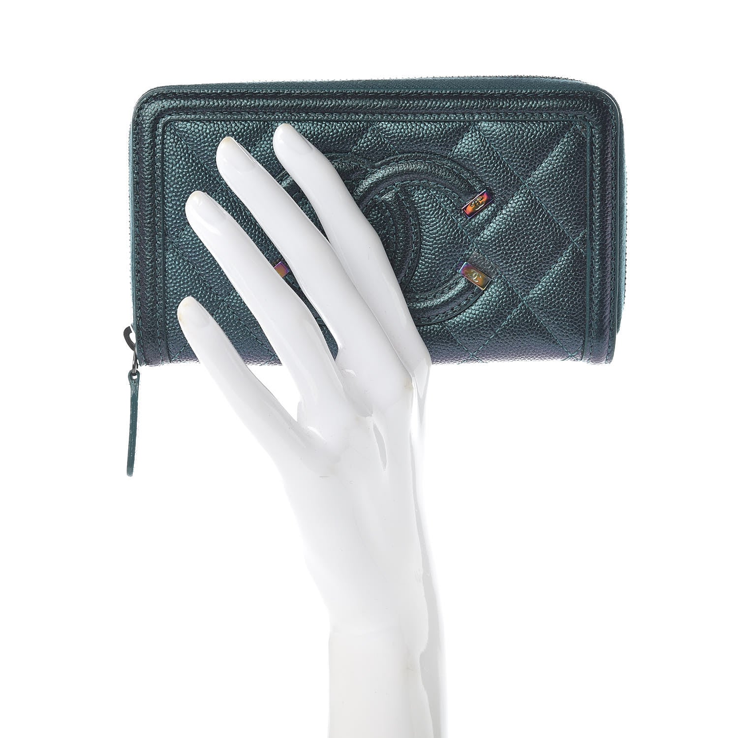 Chanel Iridescent Caviar Quilted Medium Filigree Zip Around Wallet Dark Turquoise 2 of 10
