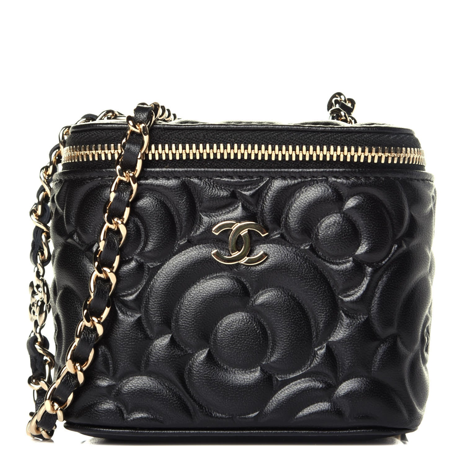 Chanel Lambskin Camellia Embossed Mini Vanity Case With Chain Black 1 of 10