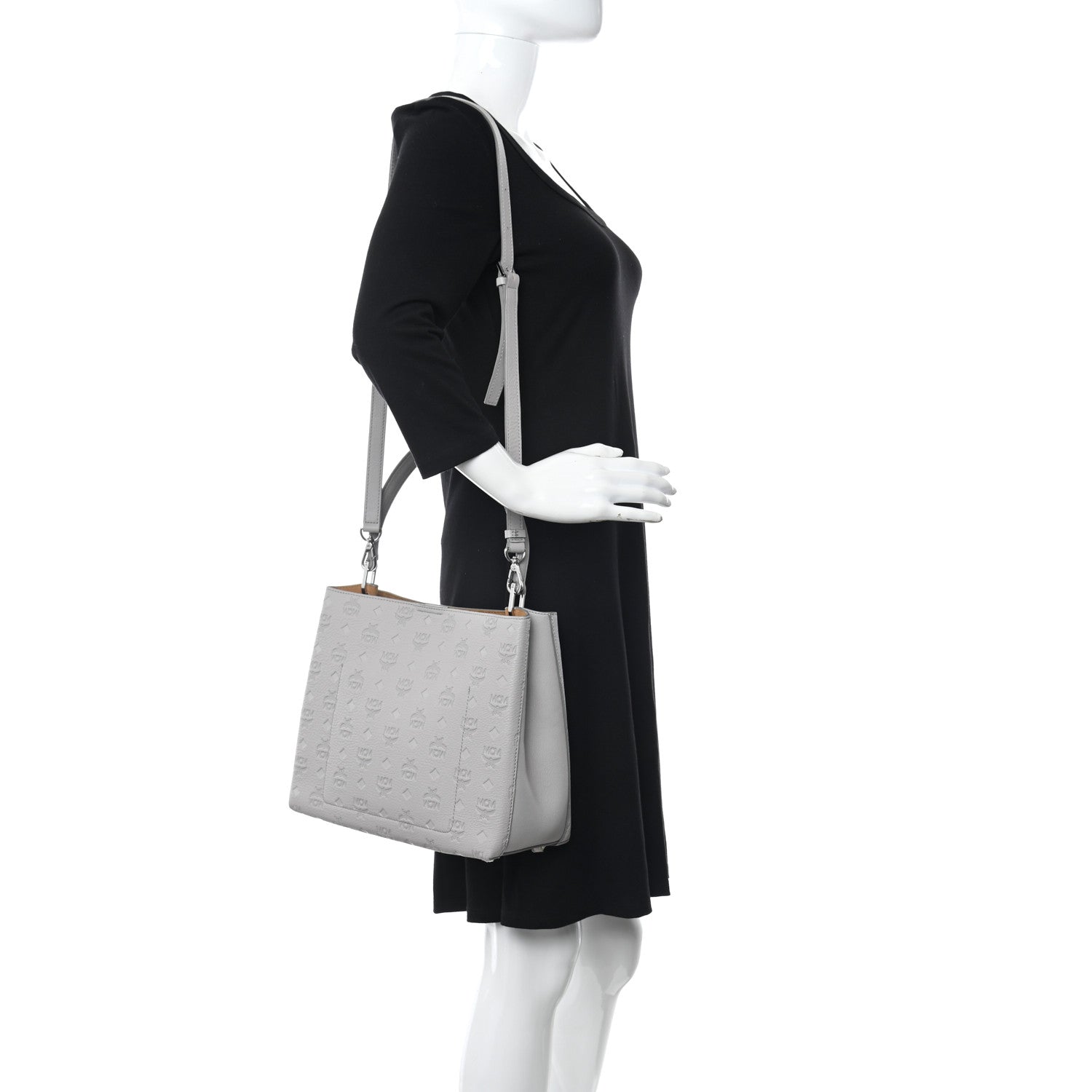 MCM Calfskin Ottomar Monogram Sarah Medium Hobo Dove Grey 2 of 9