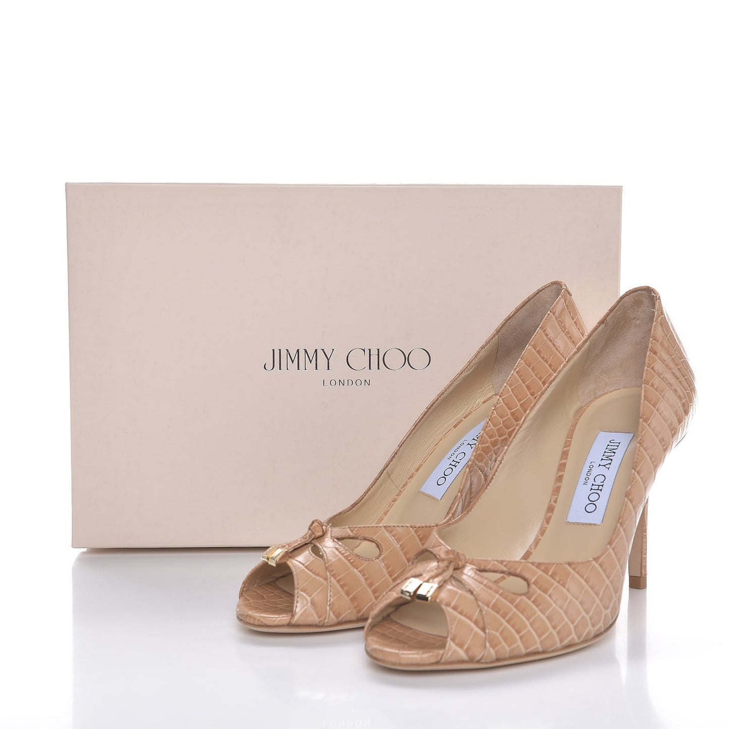 Calfskin Croc Embossed Valika Peep Toe Pumps Heels 38.5 Beige