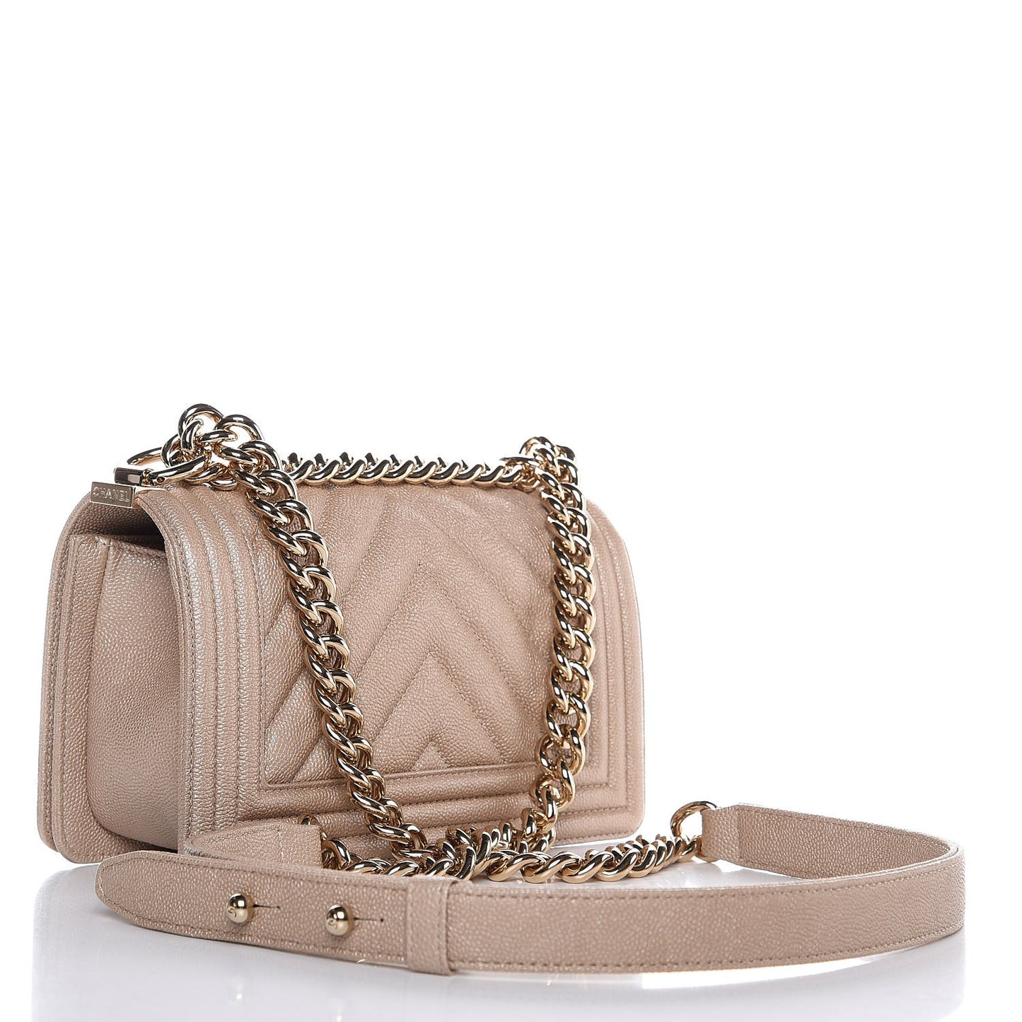 Caviar Chevron Quilted Small Boy Flap Light Beige