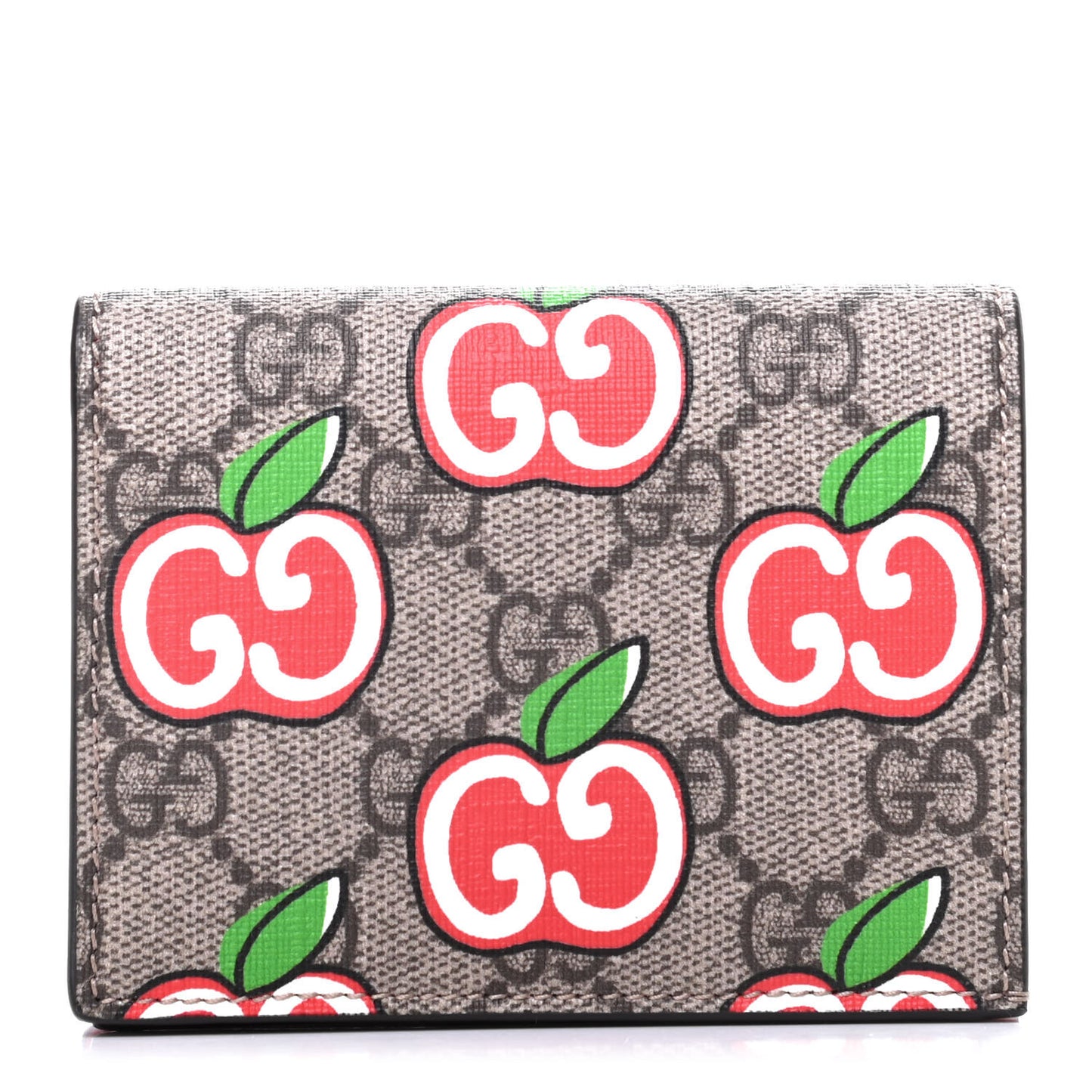 GG Supreme Monogram Apple Card Case Wallet Beige Multicolor Lobster Red